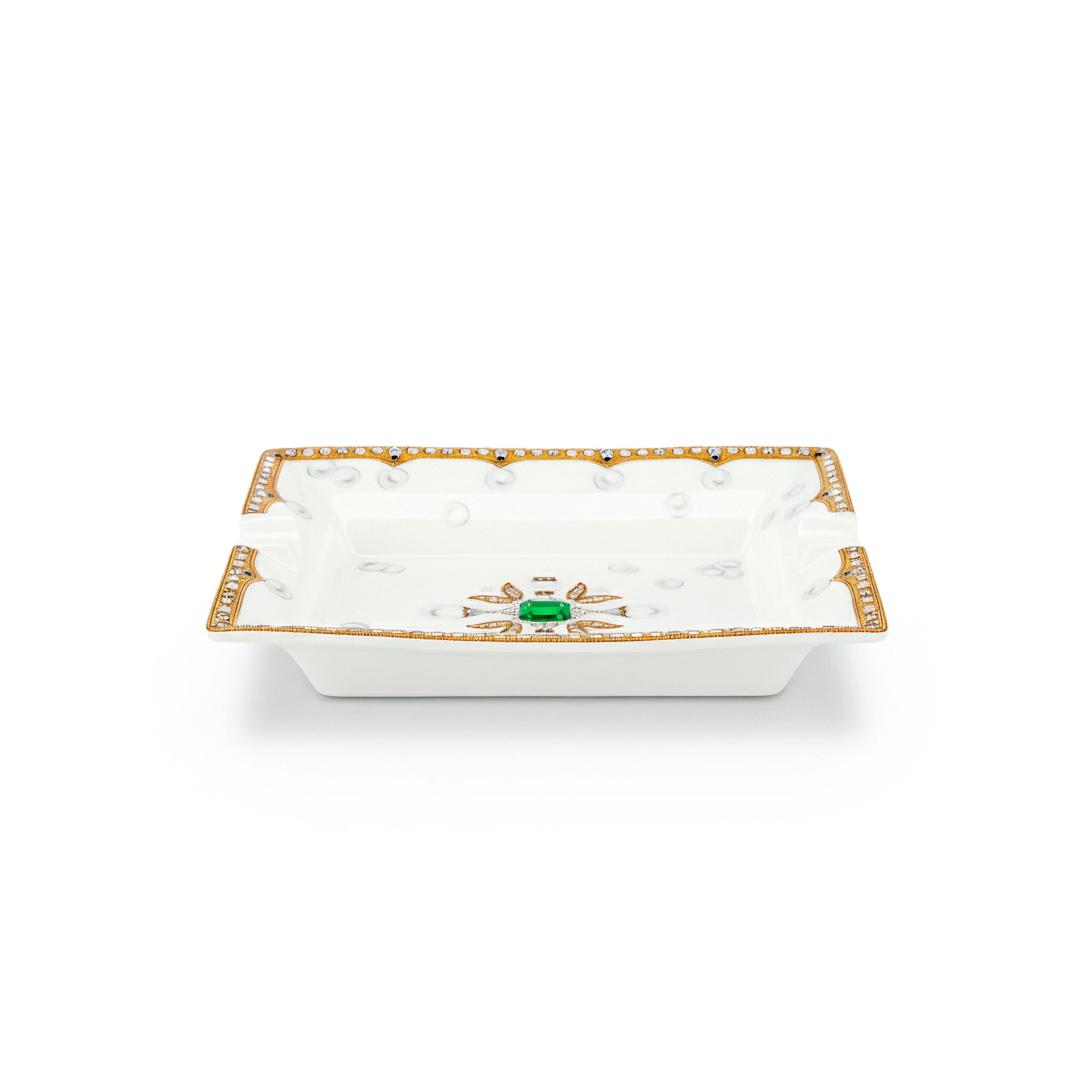 Fradkof. Limoges Empty Pocket/Ashtray Studded with Emerald and Golden Detailing
