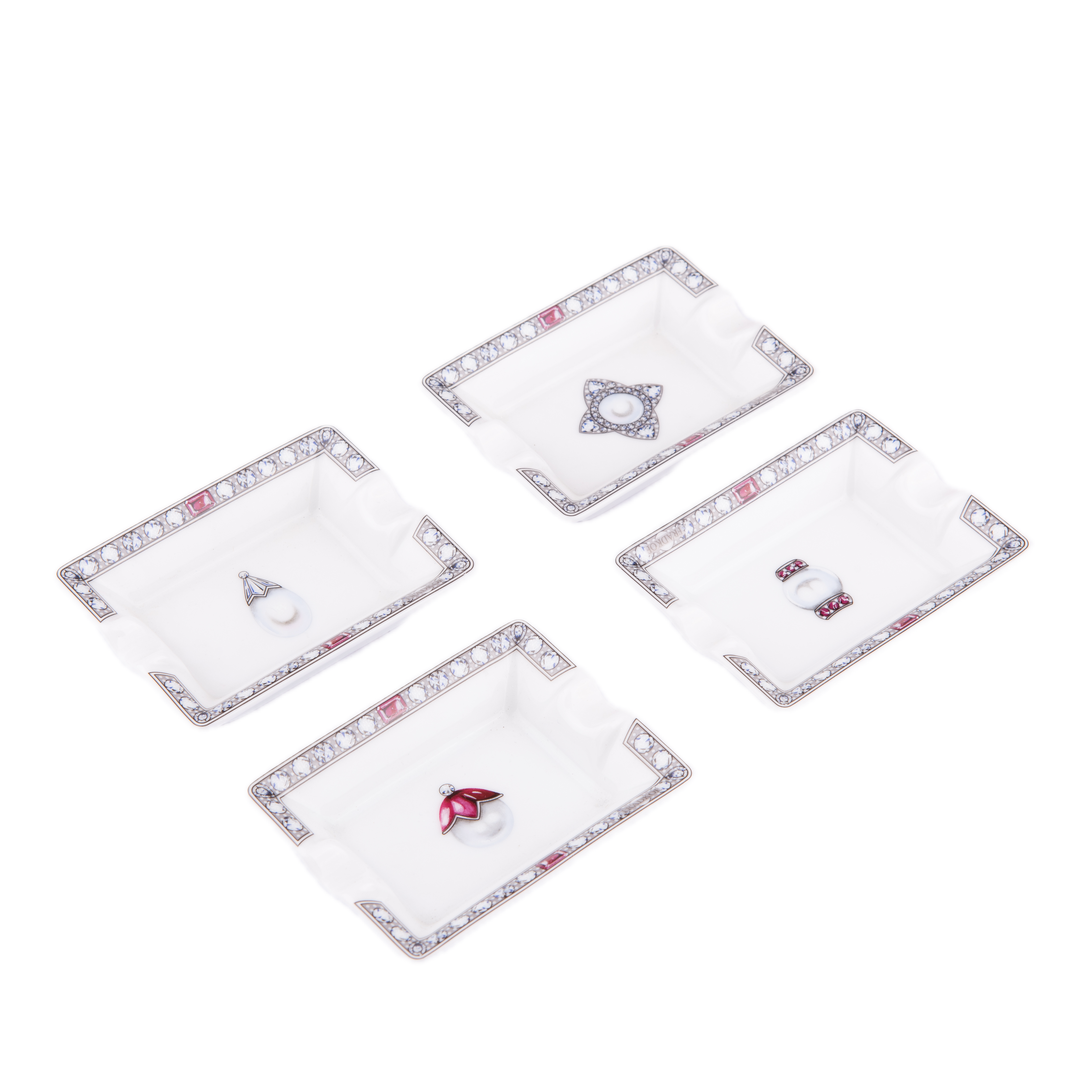 Fradkof. Set of 4 Limoges Hand Painted White Porcelain Ashtrays Studded with Gemstones