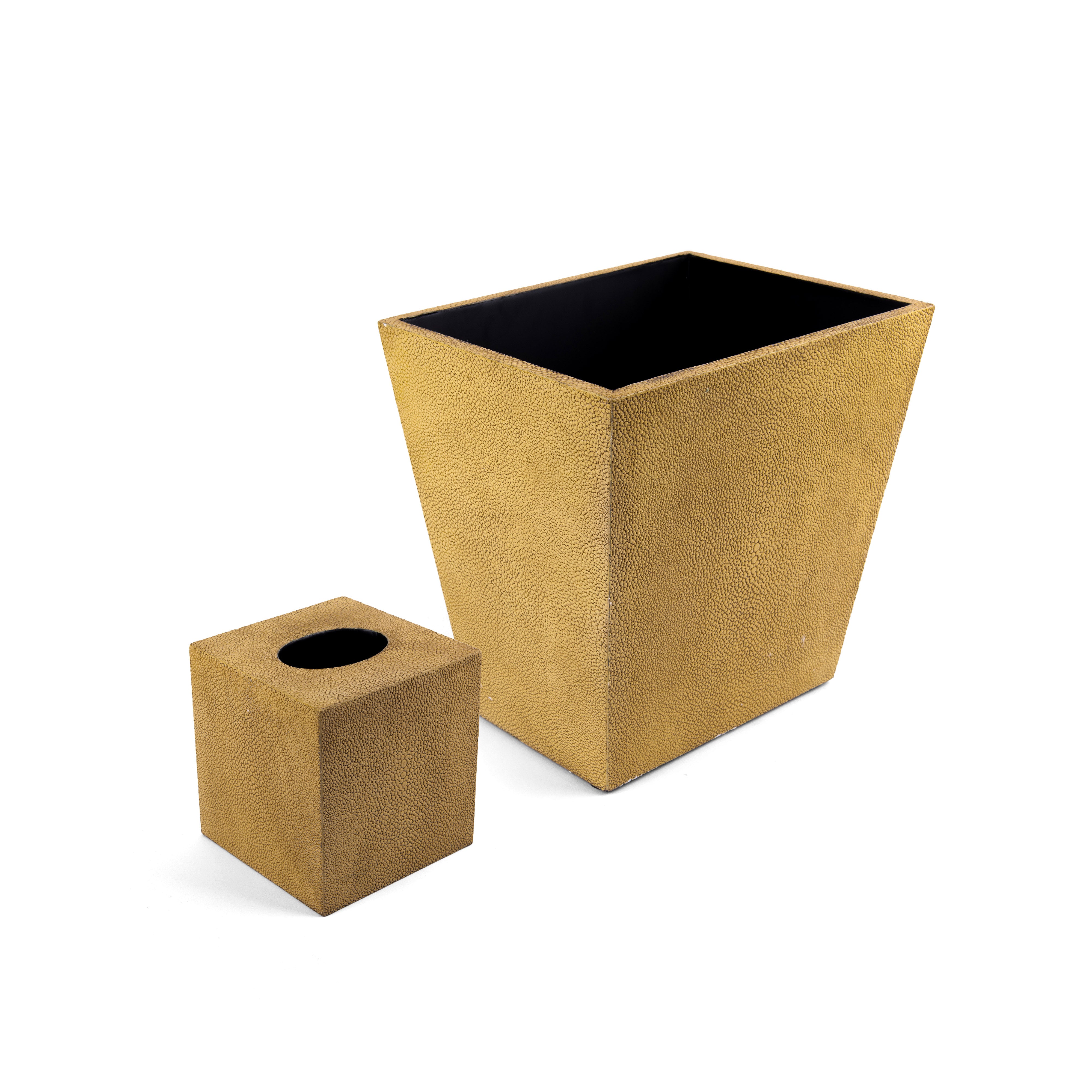 Saigon Interiors. Set of Beige Leather Tissue Box & Wastebasket.