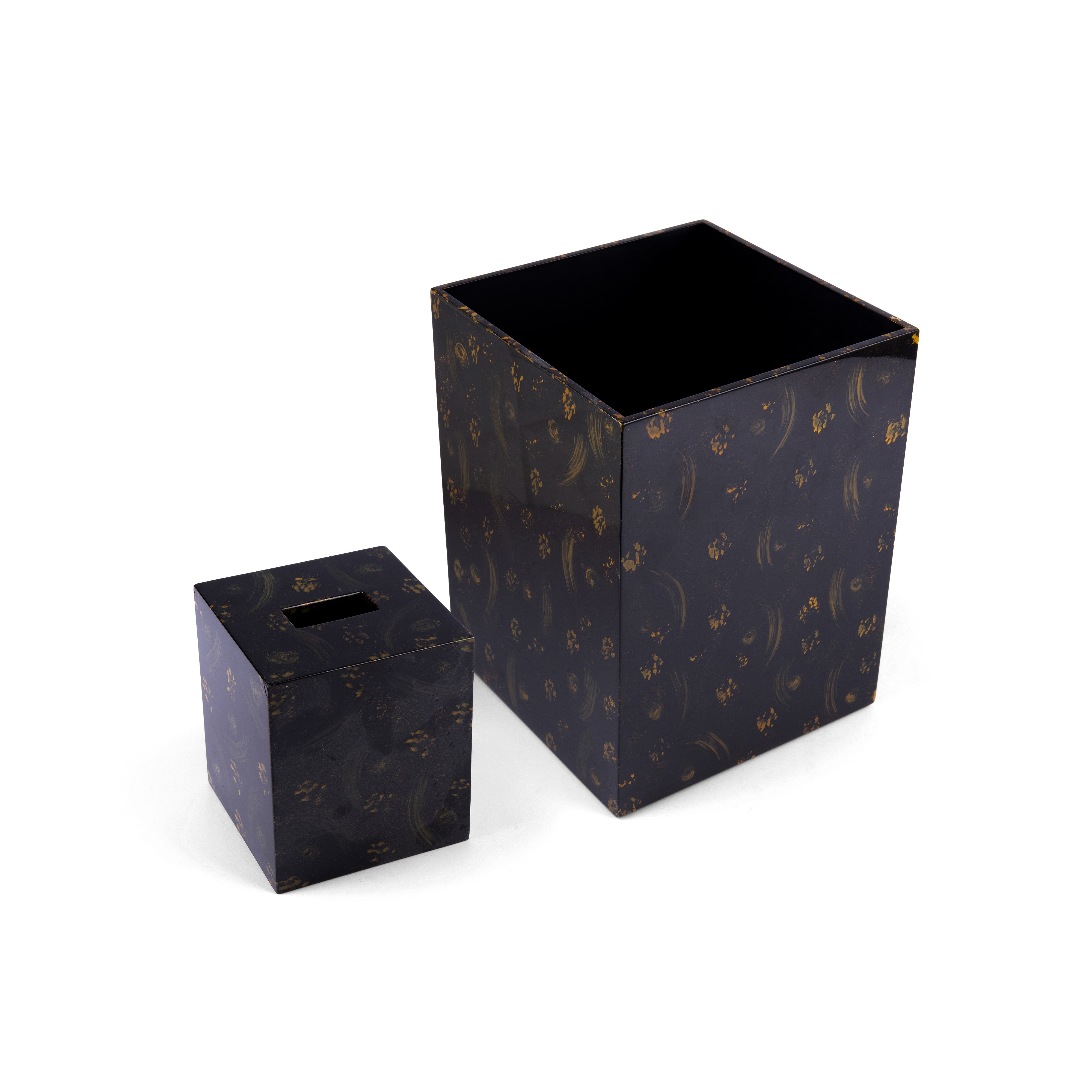 Saigon Interiors. Set of Black Tissue Box & Wastebasket.