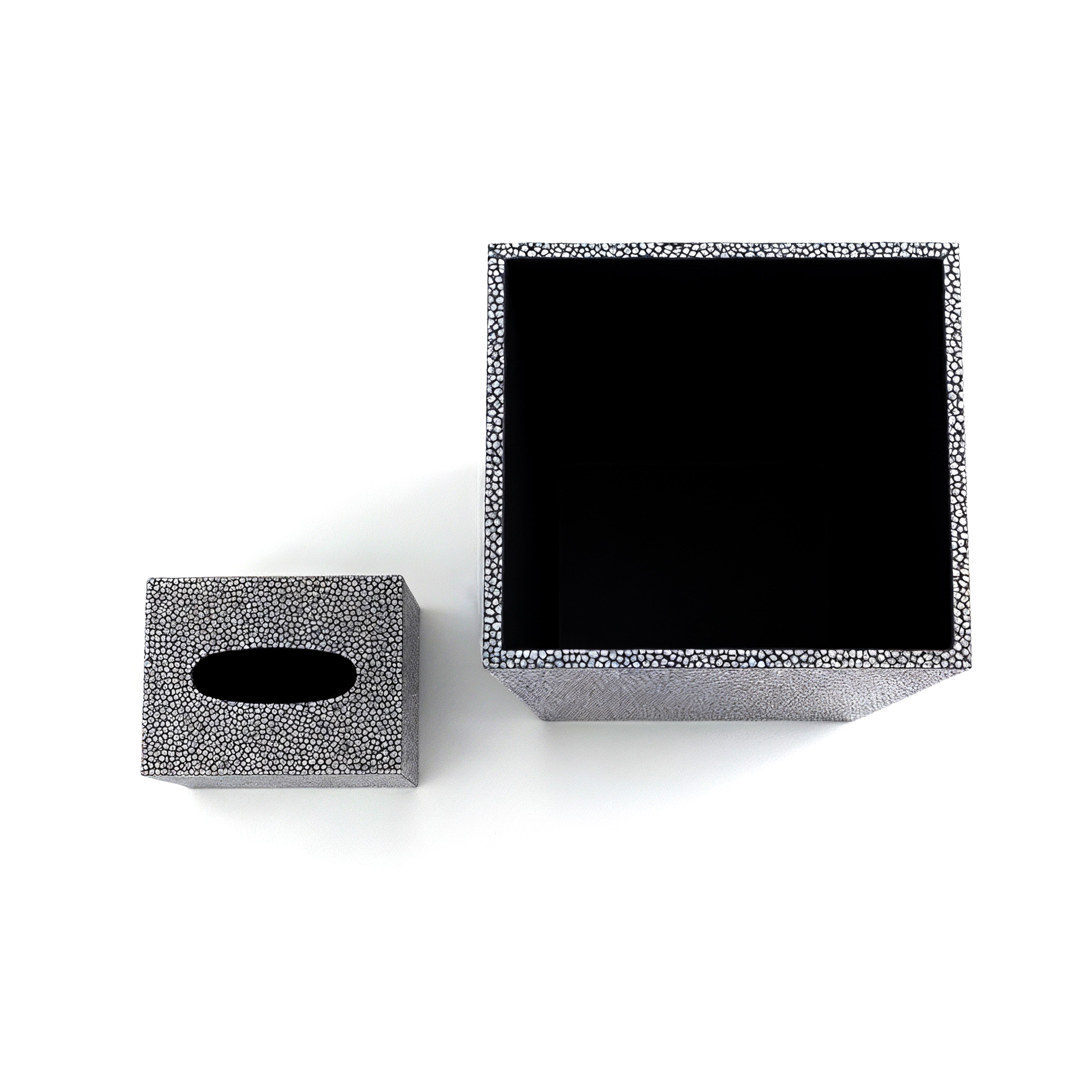 Saigon Interiors. Set of Black & White Tissue Box & Wastebasket.