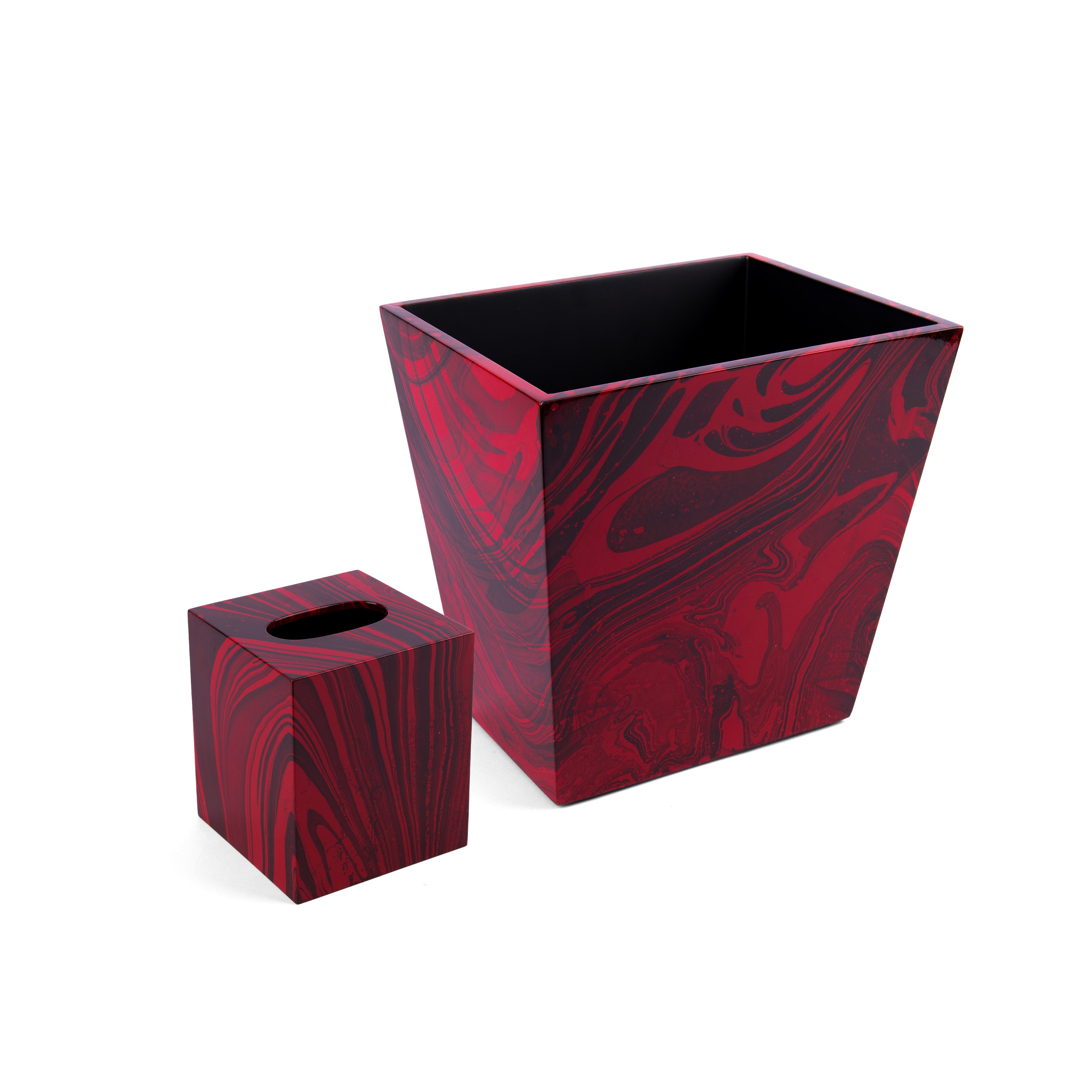 Studio Vertu. Set of Red & Black Wooden Tissue Box & Wastebasket.