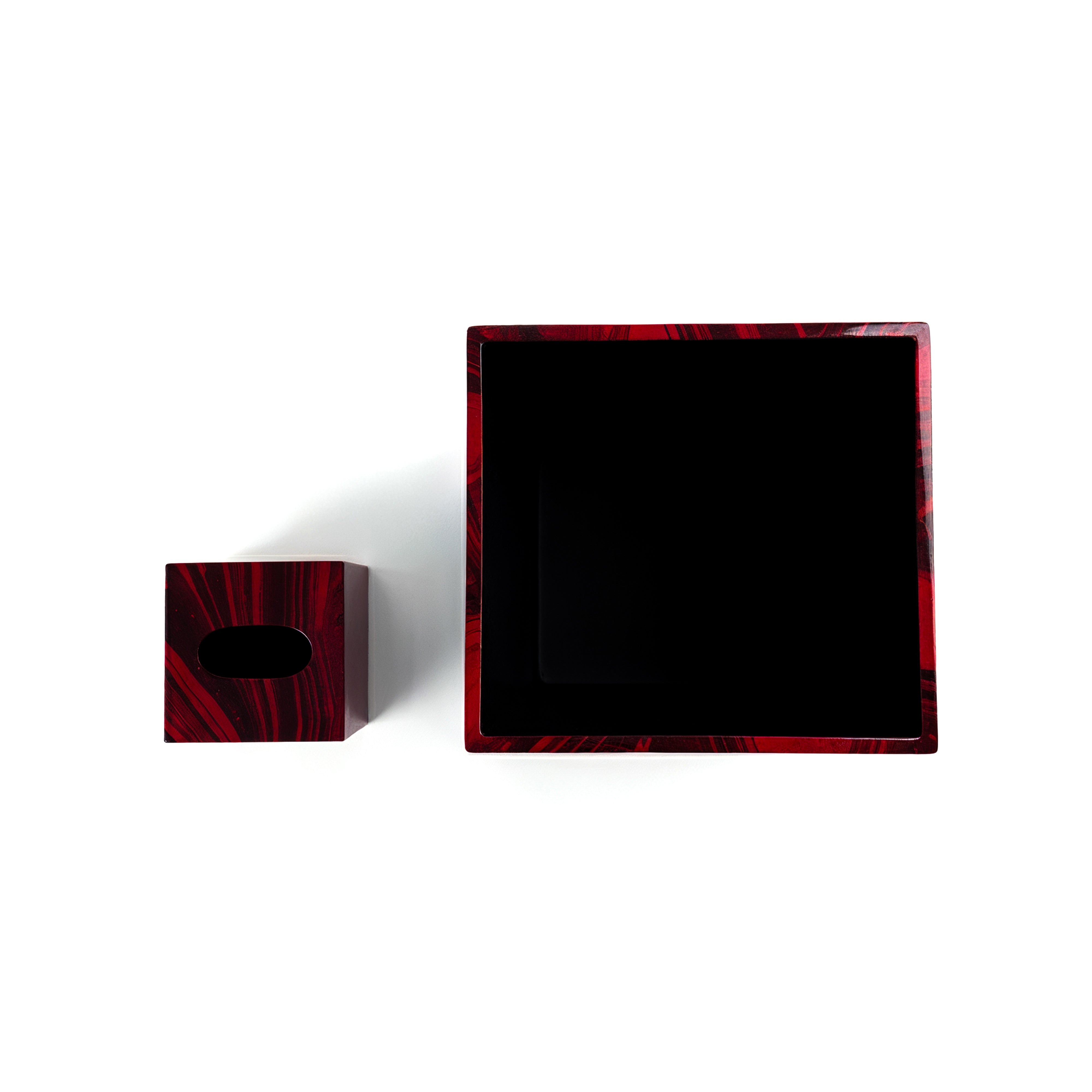 Studio Vertu. Set of Red & Black Wooden Tissue Box & Wastebasket.
