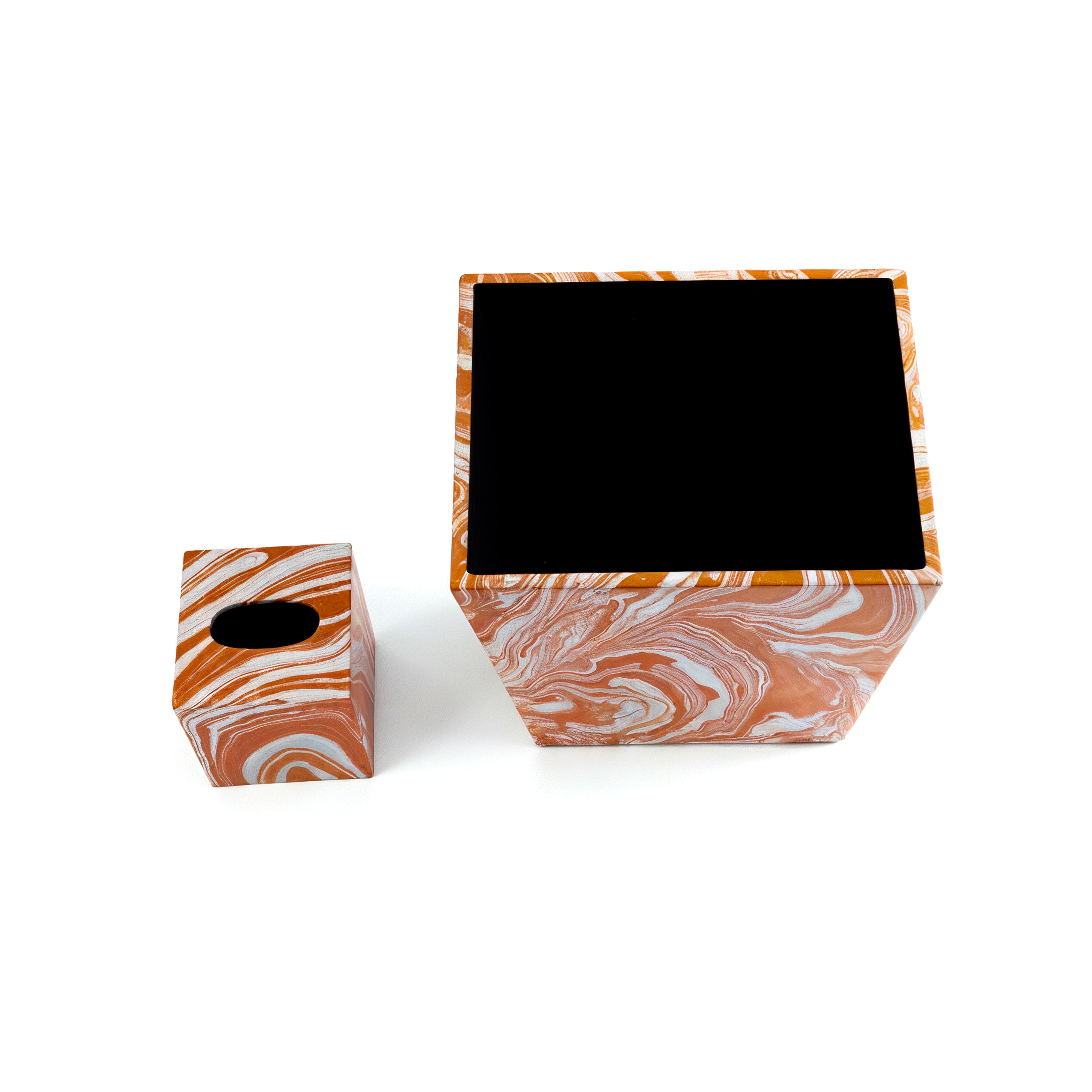 Saigon Interiors. Set of Orange & White Tissue Box & Wastebasket.