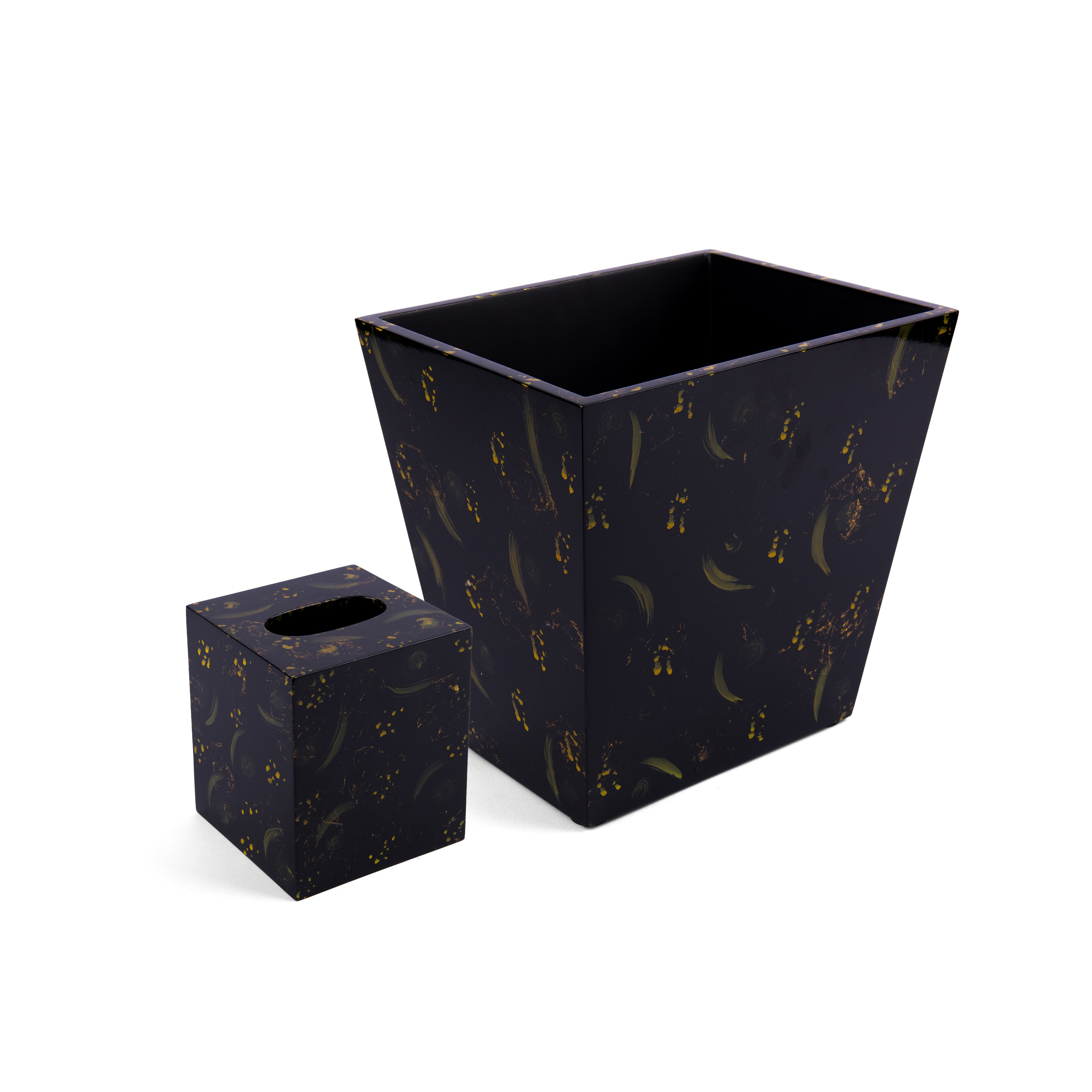 Saigon Interiors. Set of Black Tissue Box & Square Shaped Wastebasket.