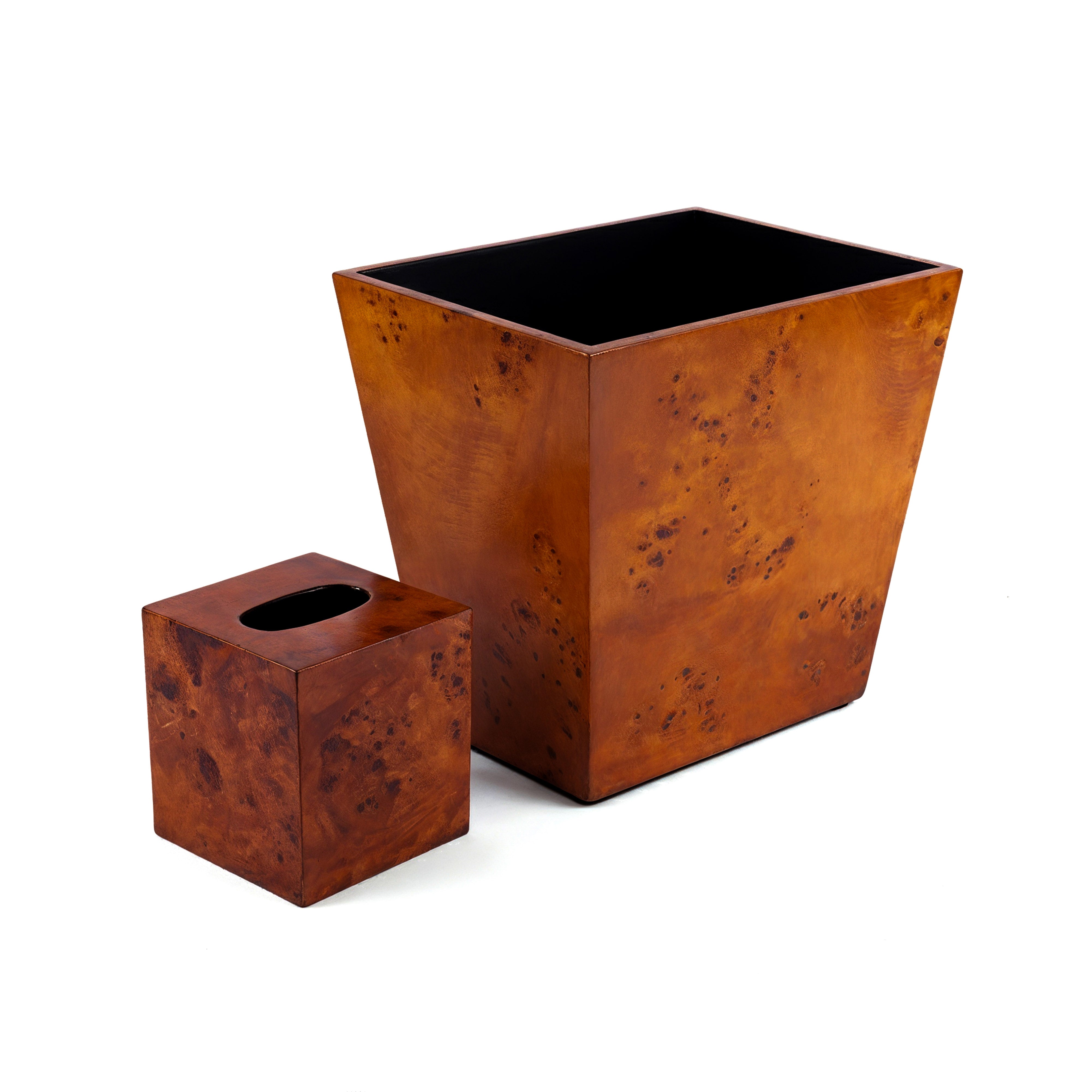 Saigon Interiors. Set of Brown Wooden Tissue Box & Wastebasket.