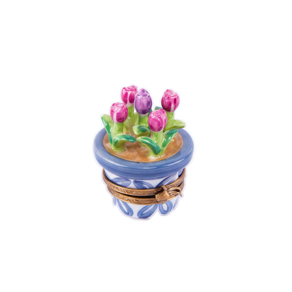 Chamart Exclusives. Blue Limoge Porcelain Box with Tulip Bouquet
