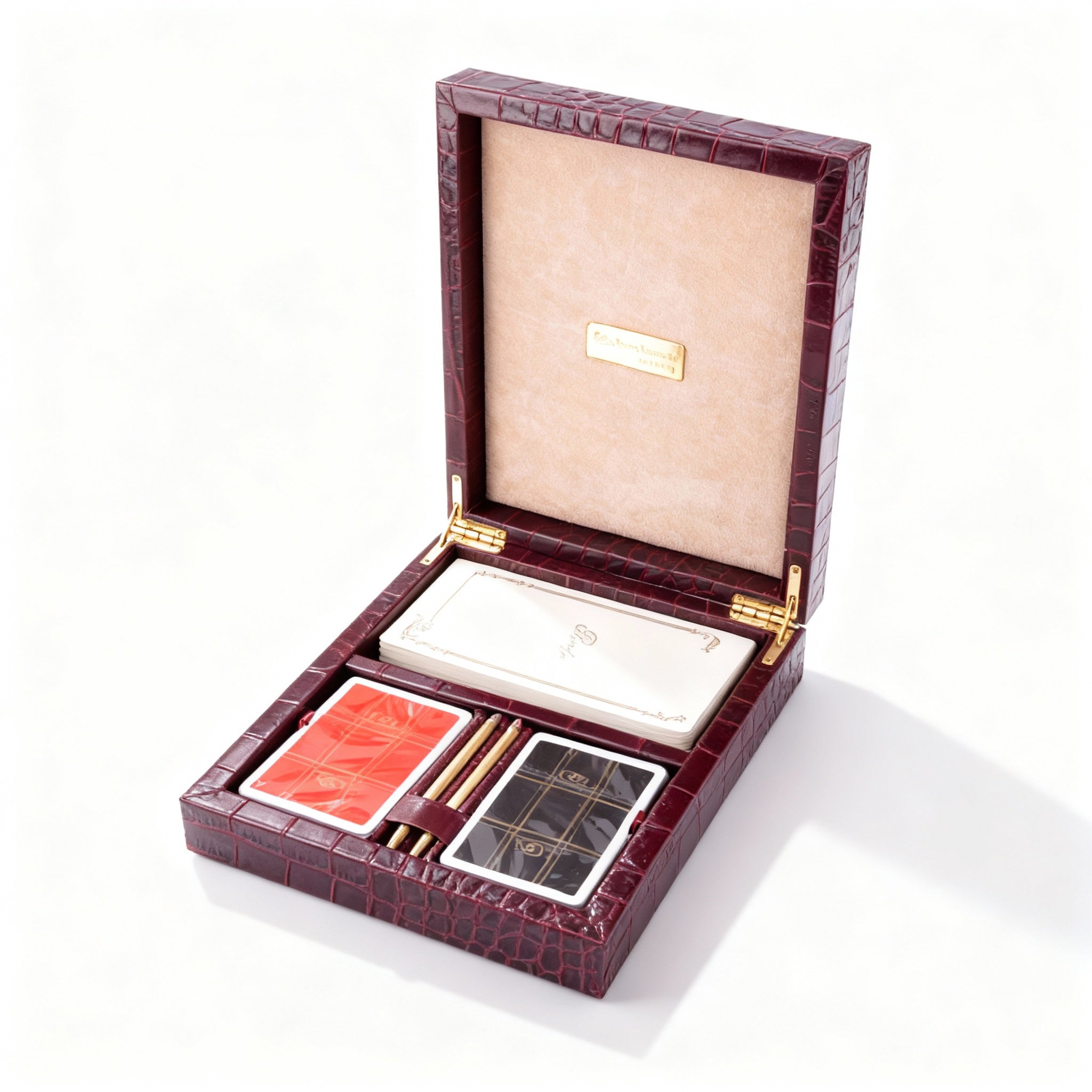 Renzo Romagnoli. Bridge Set Playing Cards Box in Burgundy Bordeaux Croco Leather