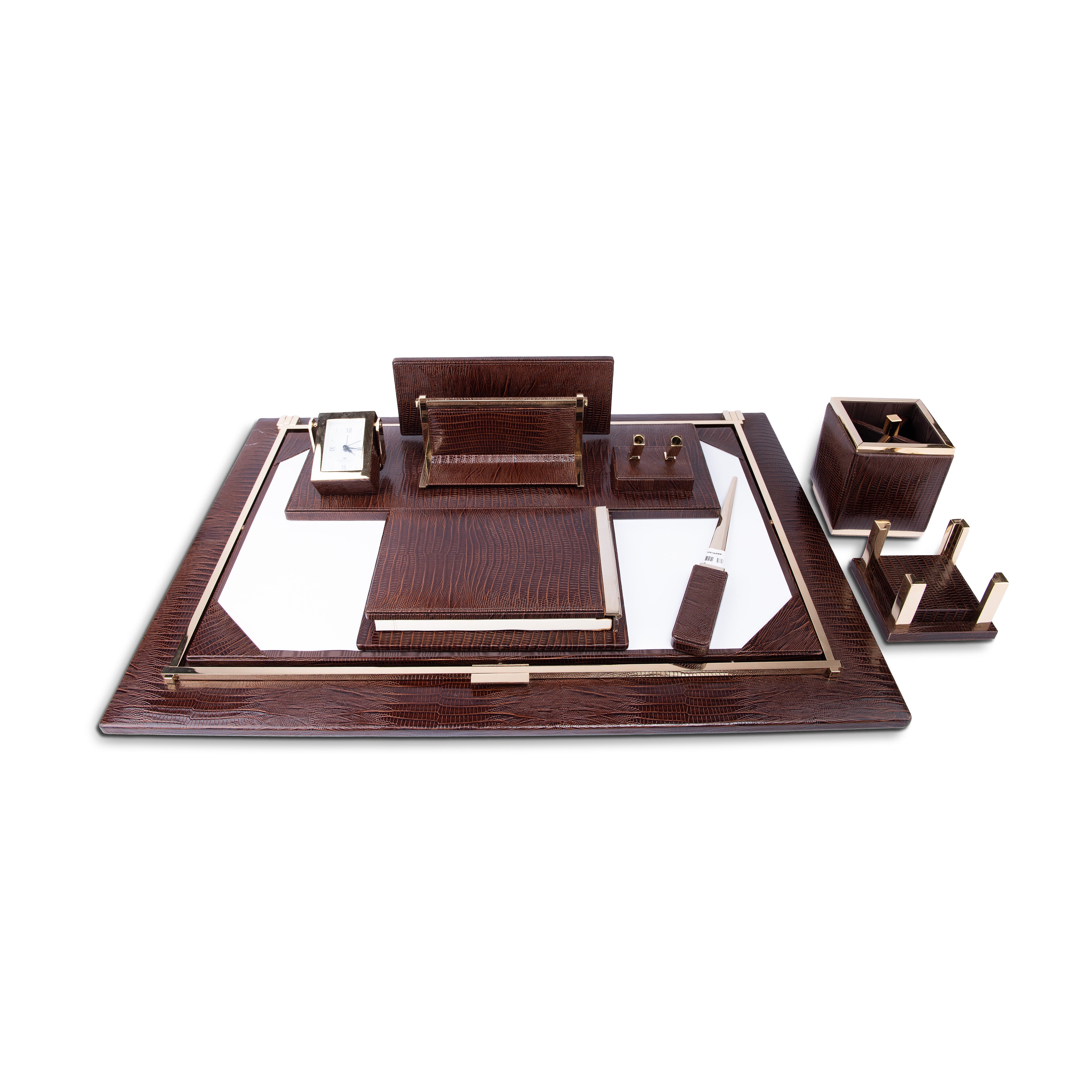 Renzo Romagnoli. Brown Leather Desk Set of 8 Pieces