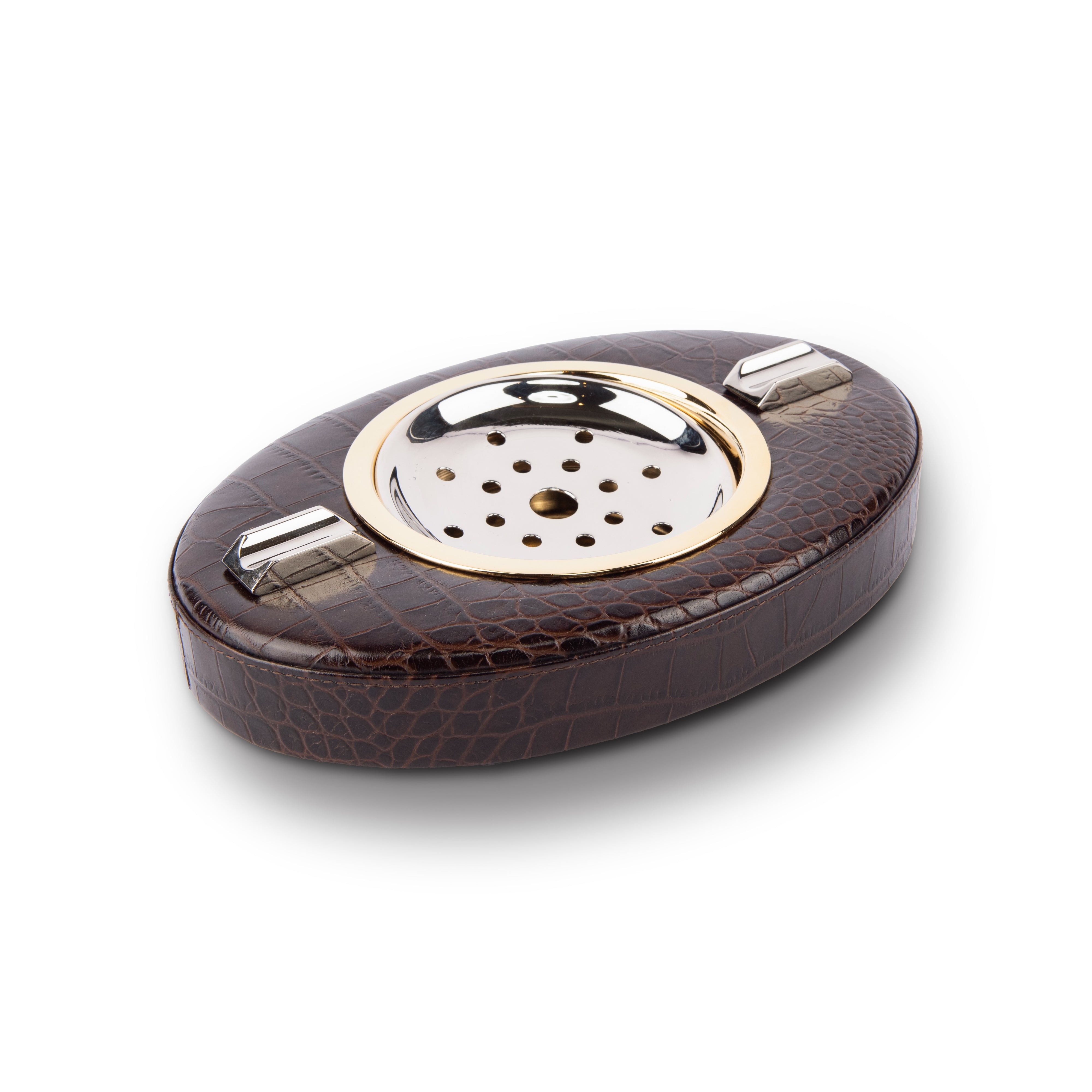 Renzo Romagnoli. Oval Dark Brown Leather Cigar Ashtray. Medium Size