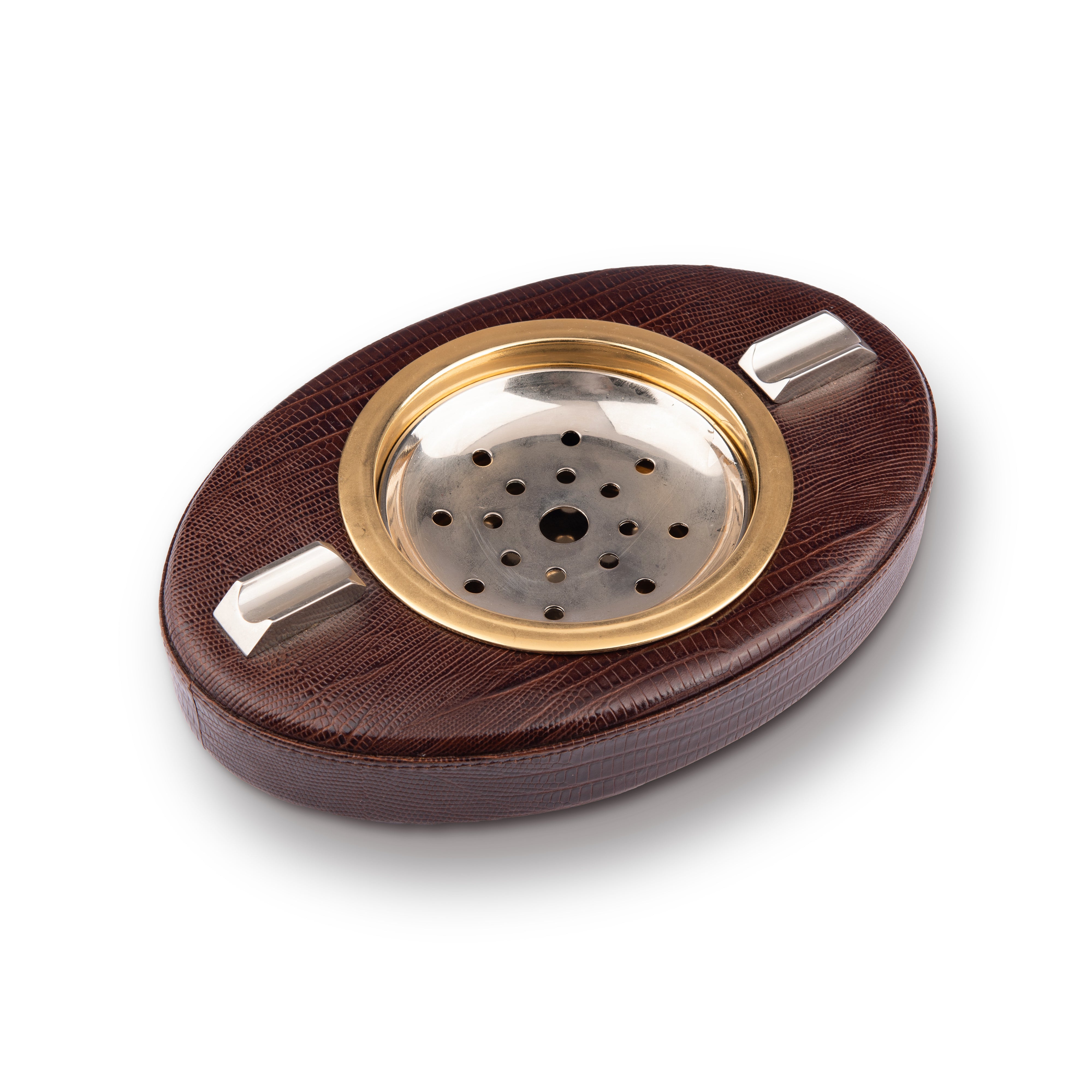Renzo Romagnoli. Brown Leather Ashtray in Oval Shape