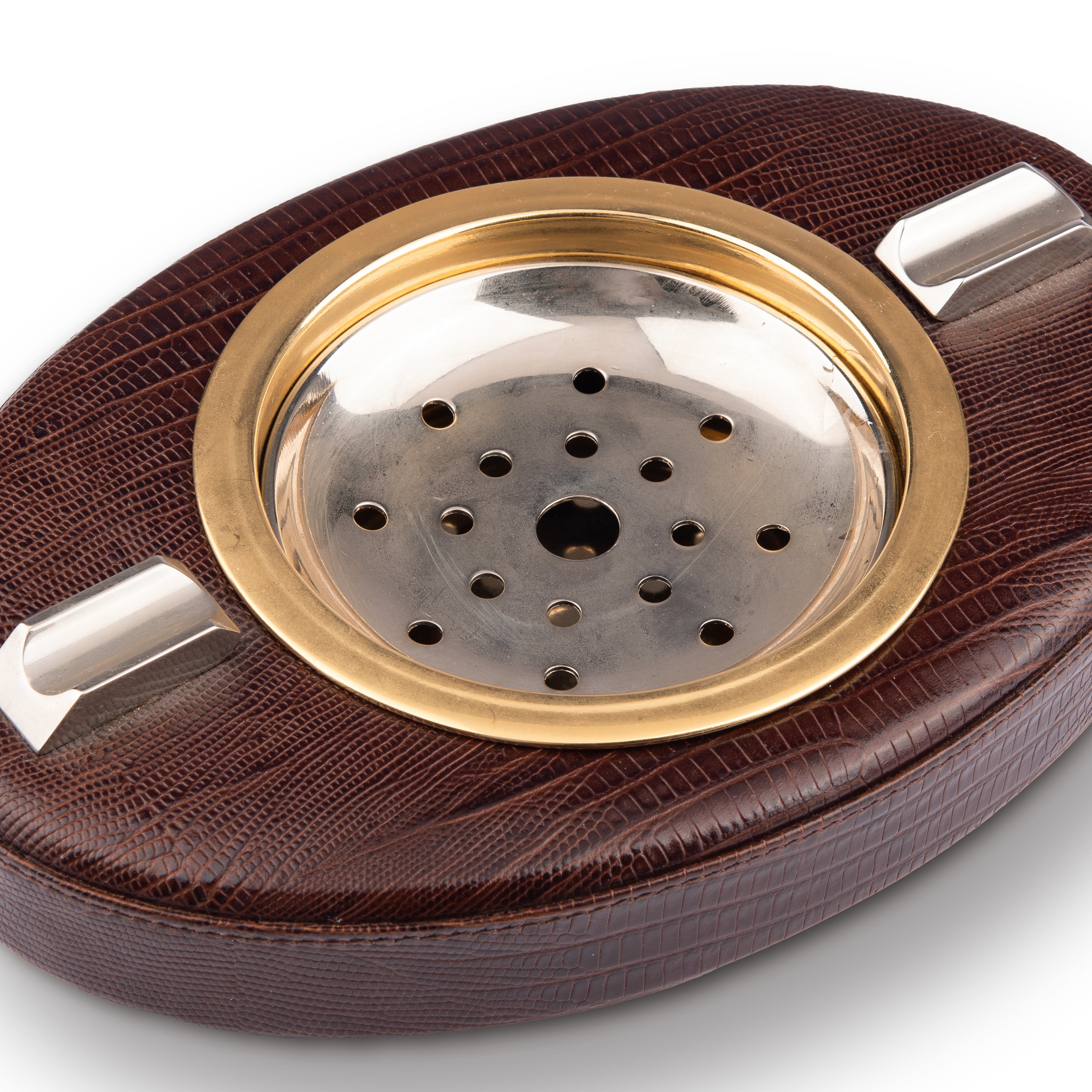 Renzo Romagnoli. Brown Leather Ashtray in Oval Shape