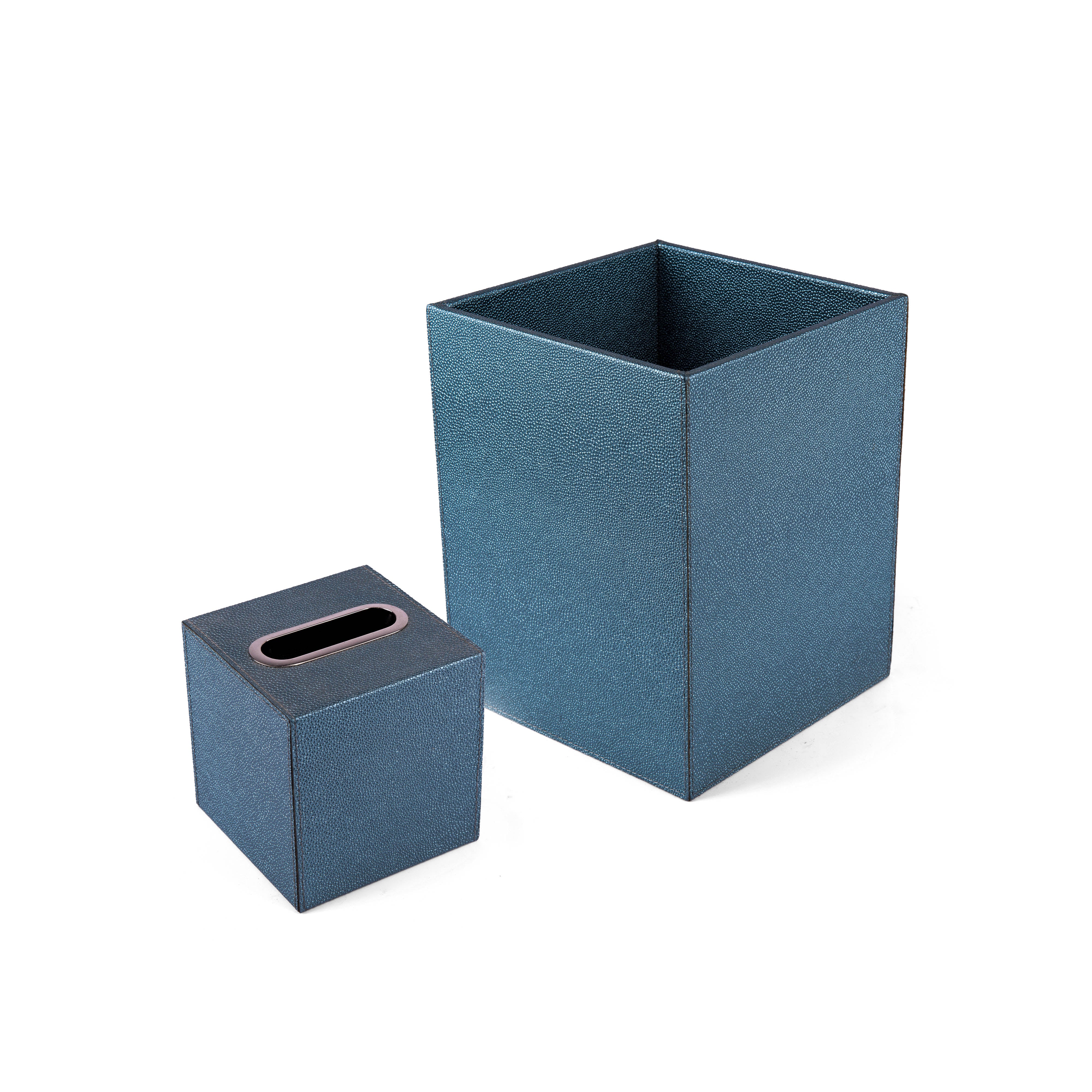 Bodrum Group. A Set of Blue Leather Wastebasket & Tissue Box