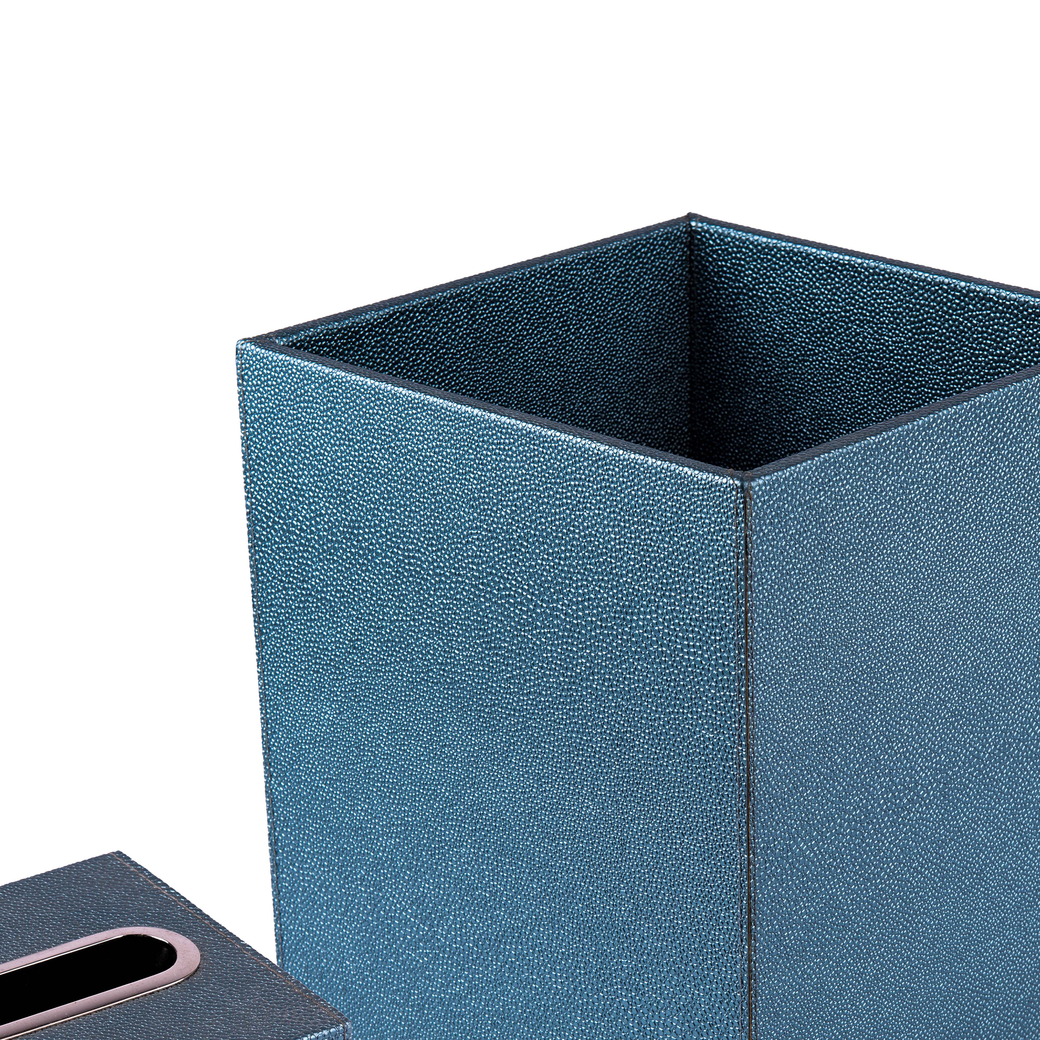 Bodrum Group. A Set of Blue Leather Wastebasket & Tissue Box