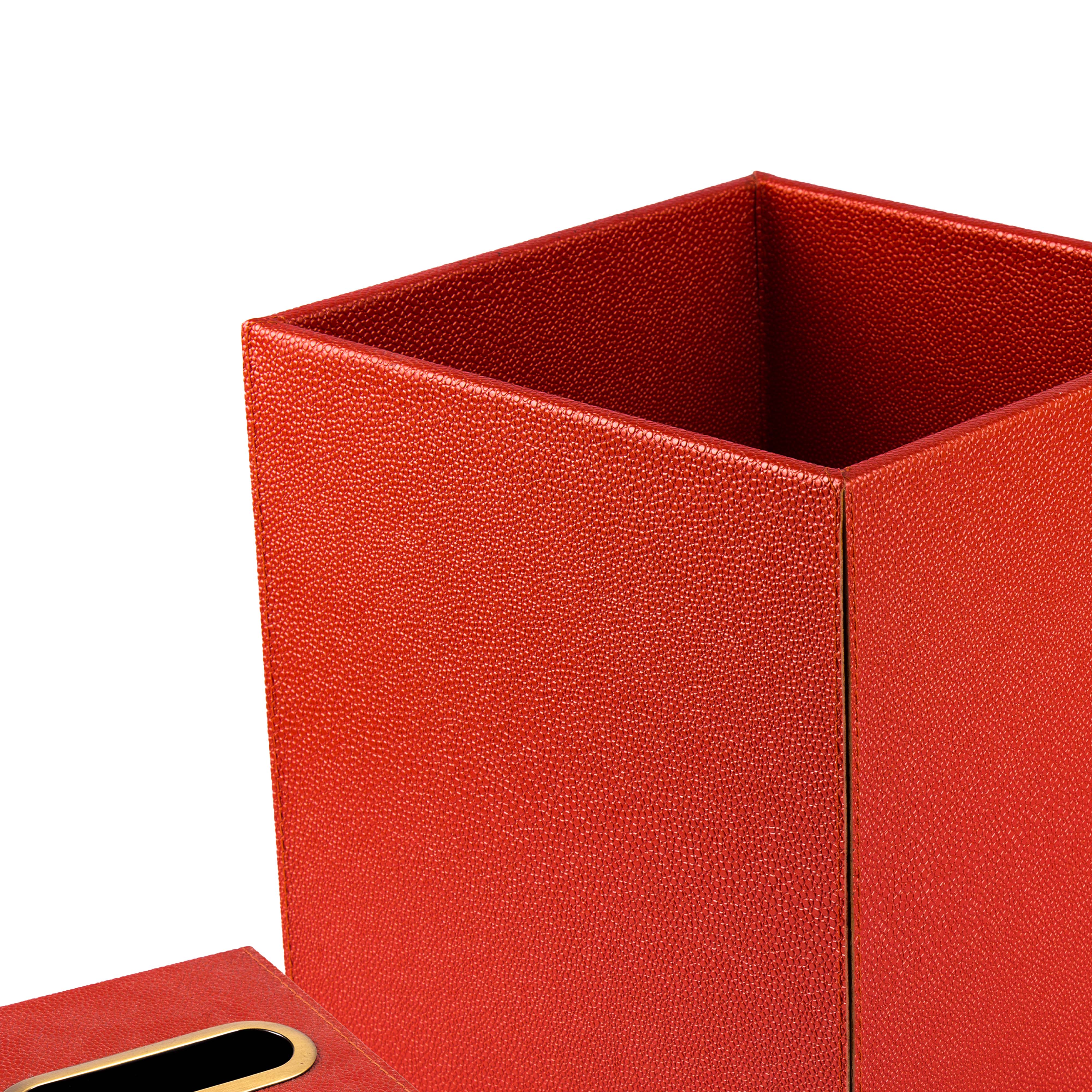 Bodrum Group. A Set of Orange Leather Wastebasket & Tissue Box