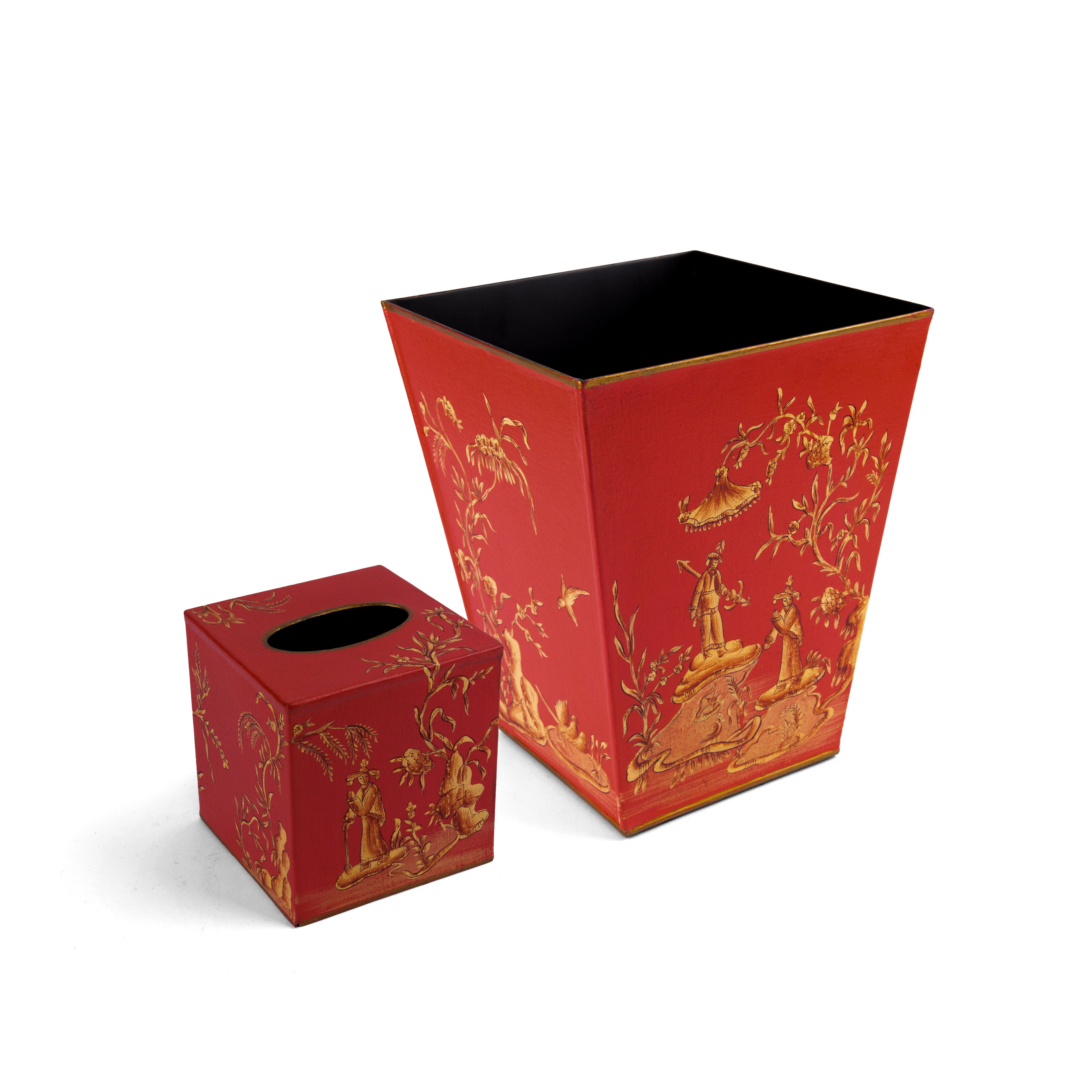 Pigeon & Poodle. Set of Wooden Tissue Box & Wastebasket Featuring Chinese Design