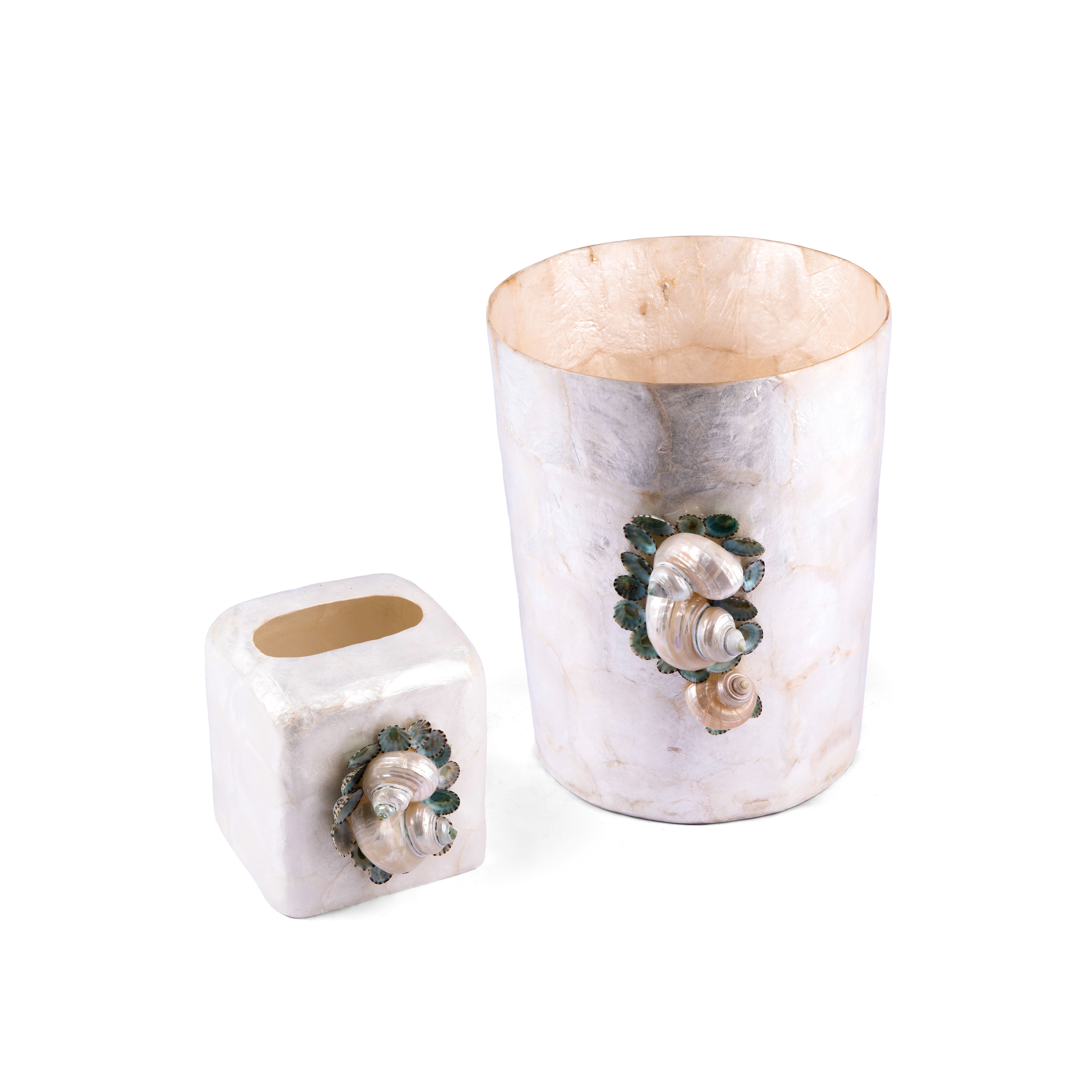 Marjorie Bloom Collection. A Set of Tissue Box & Wastebasket in Made out of Organic Seashell Design