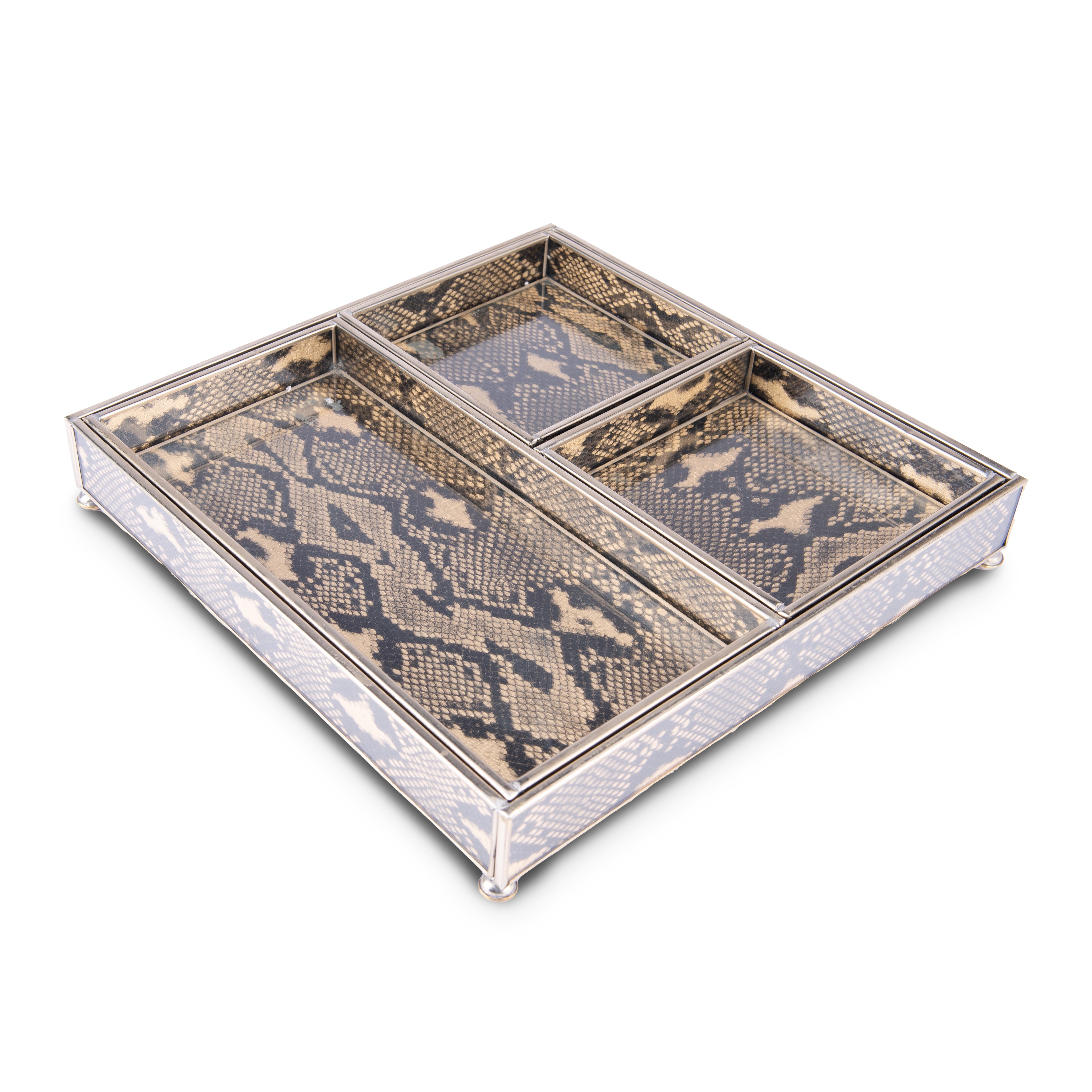 JM Piers. 4 in 1 Glass Tray Designed with Python Skin. Medium Size