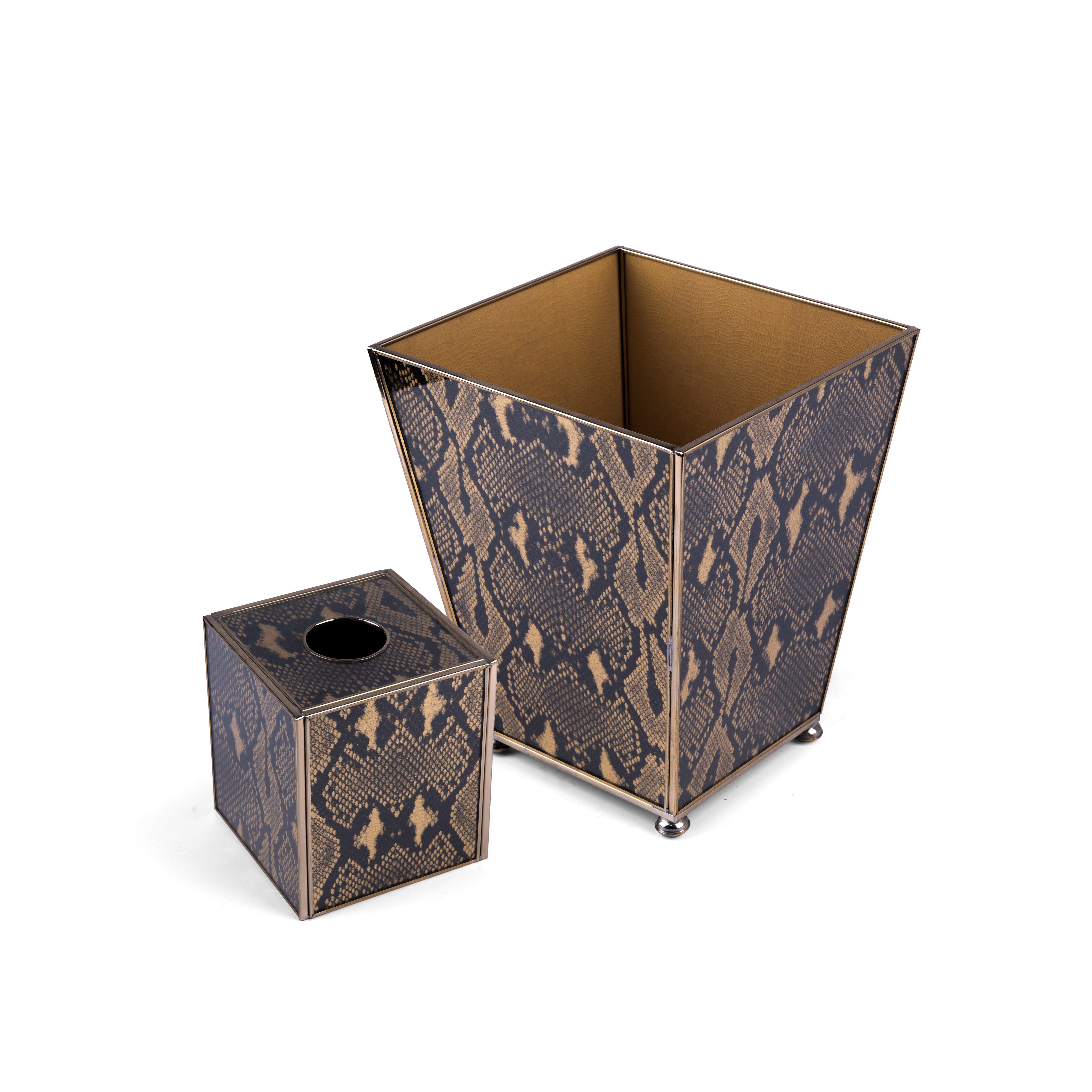 JM Piers. Set of Wastebasket & Tissue Box Designed with Python Skin