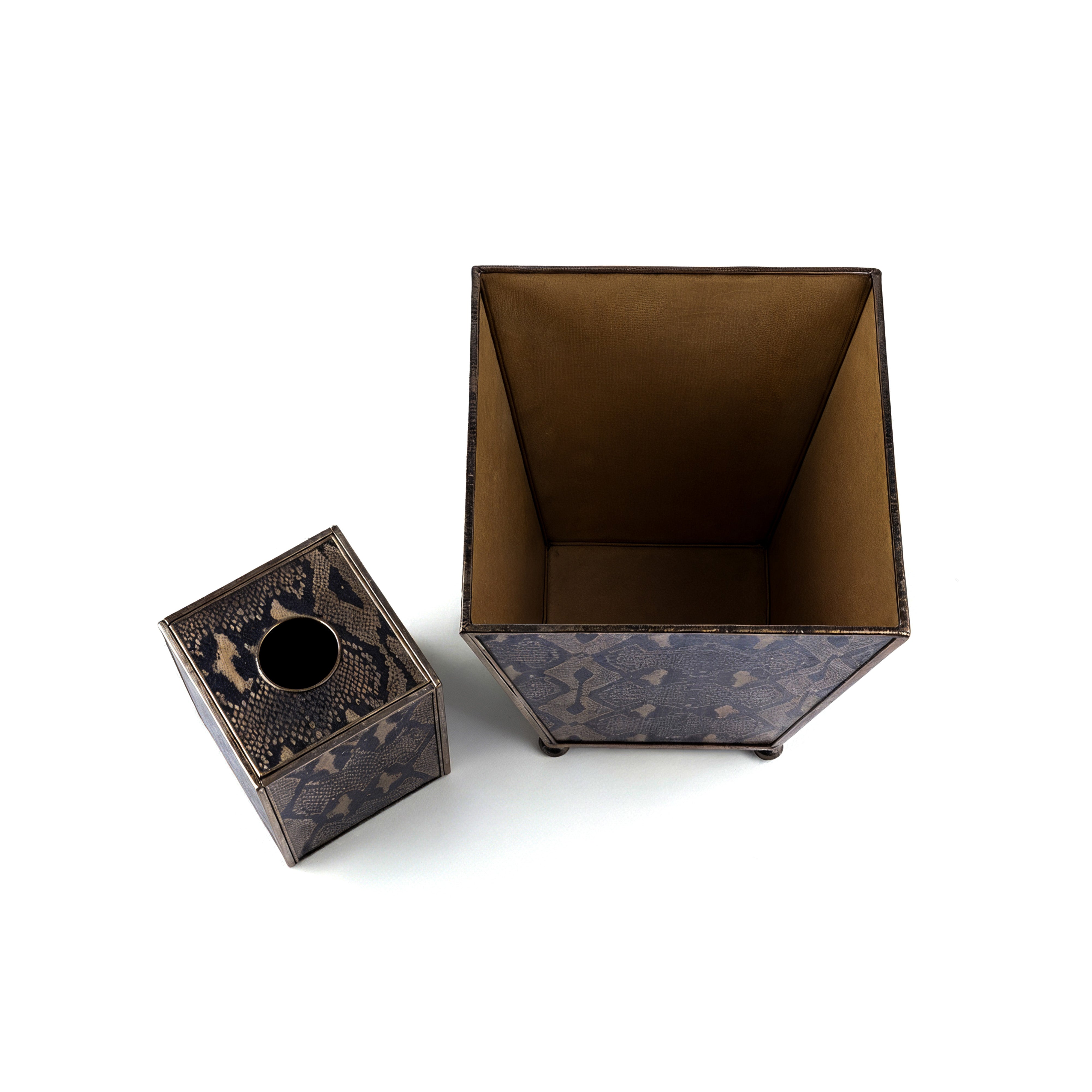 JM Piers. Set of Wastebasket & Tissue Box Designed with Python Skin