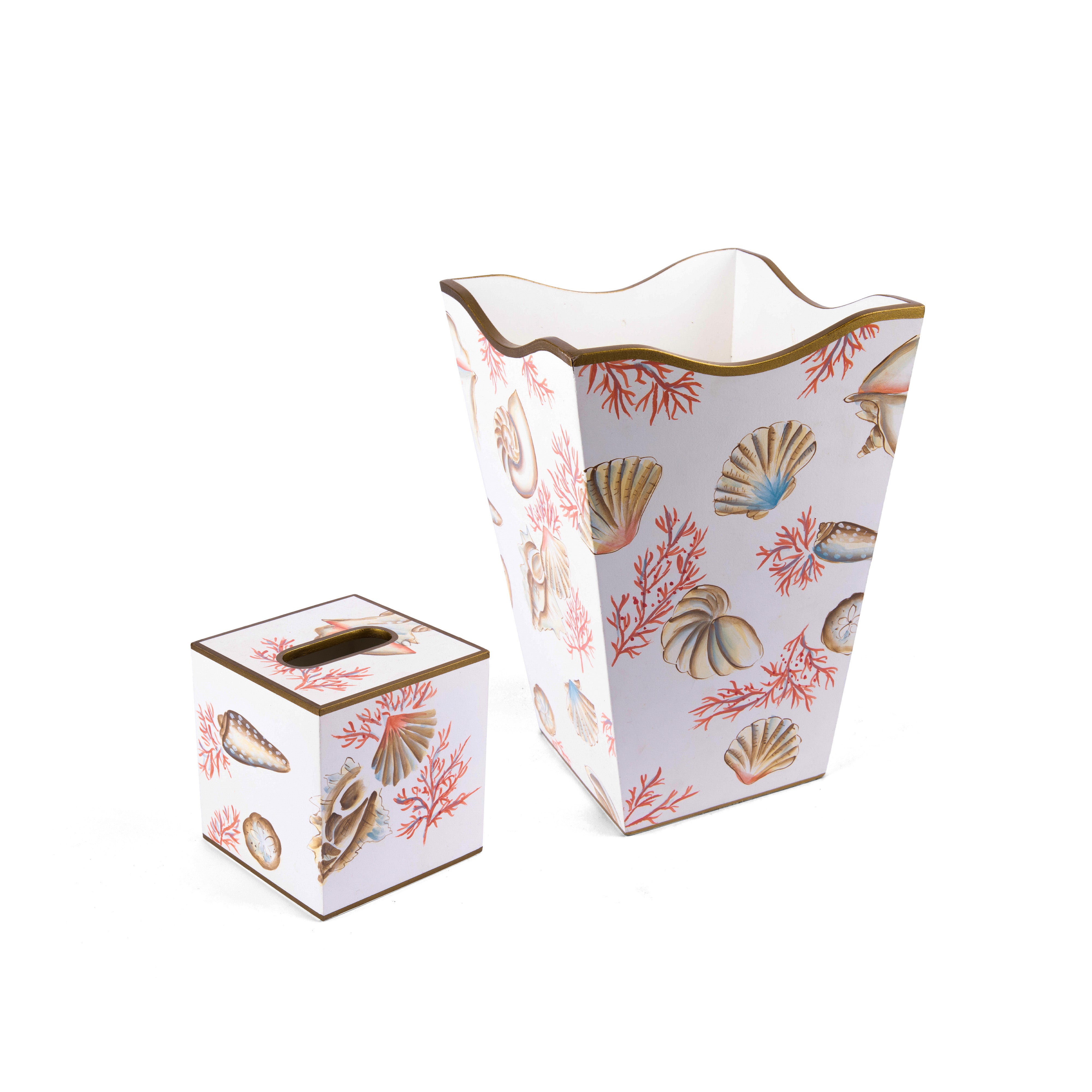 Allen G Designs. Set of Wastebasket & Tissue Box Designed with Seashell Design