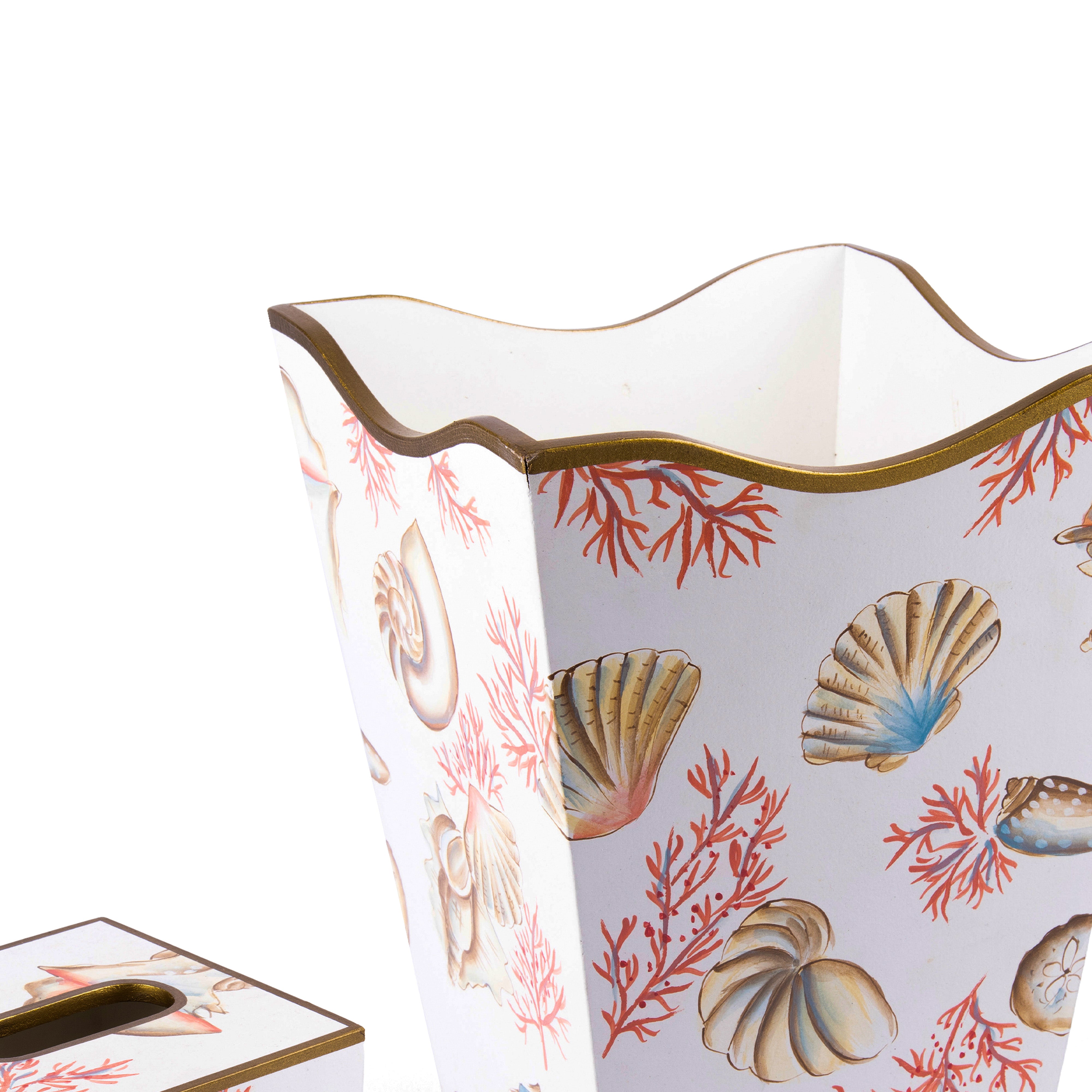 Allen G Designs. Set of Wastebasket & Tissue Box Designed with Seashell Design
