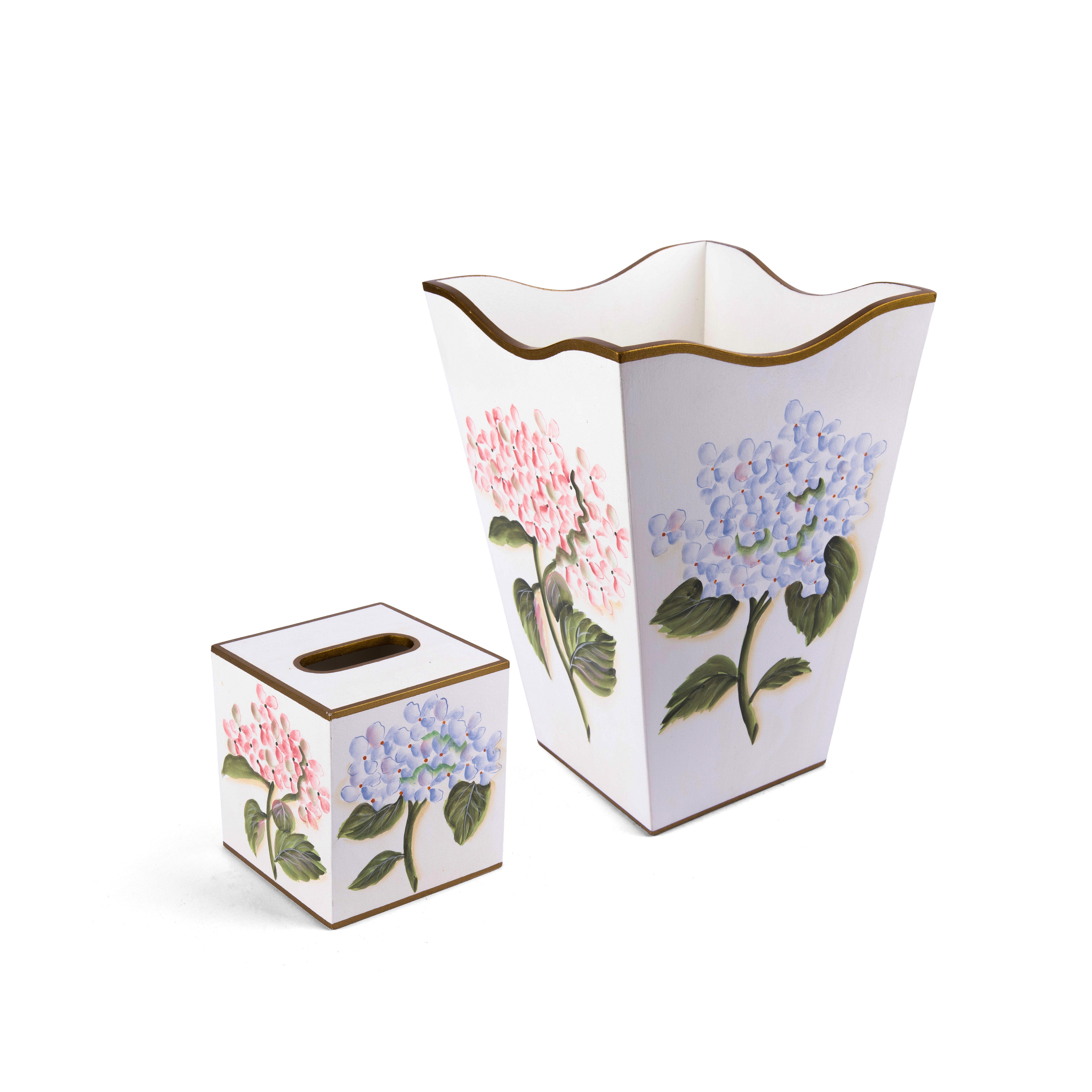 Allen G Designs. Set of White Floral Wastebasket & Tissue Box
