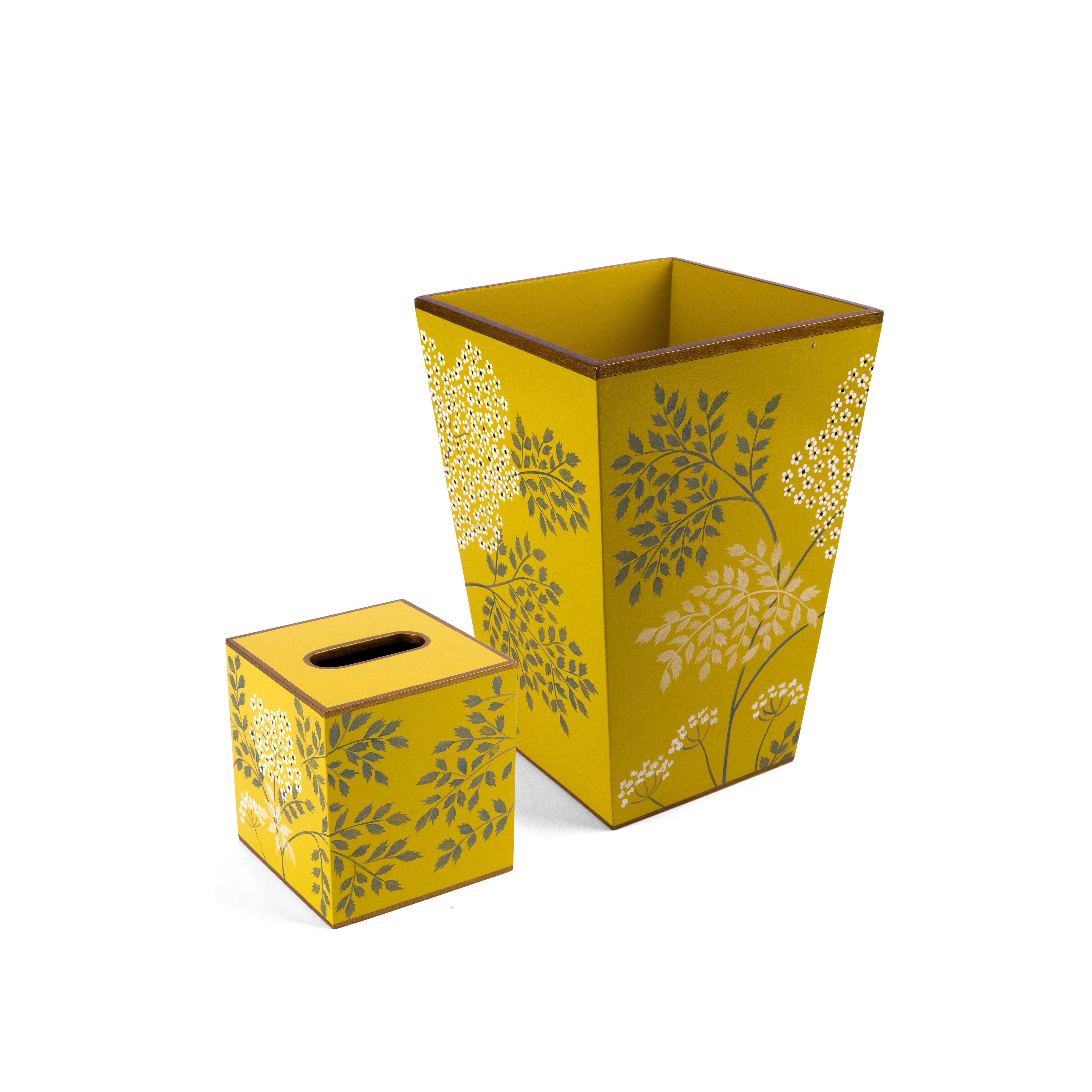 Allen G Designs. Set of Wastebasket & Tissue Box Designed with Yellow Meadow