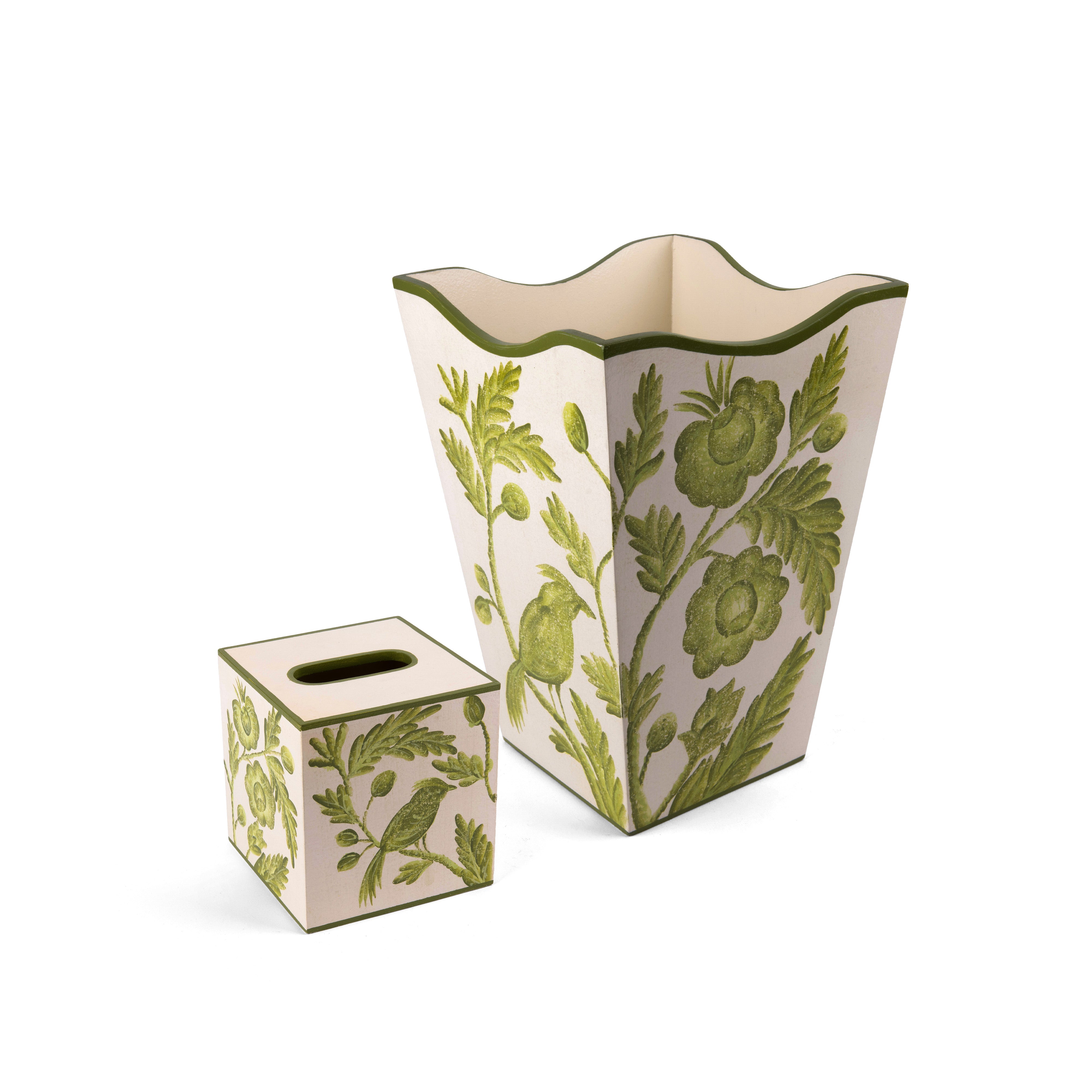 Allen G Designs. Set of Green Floral Wastebasket & Tissue Box