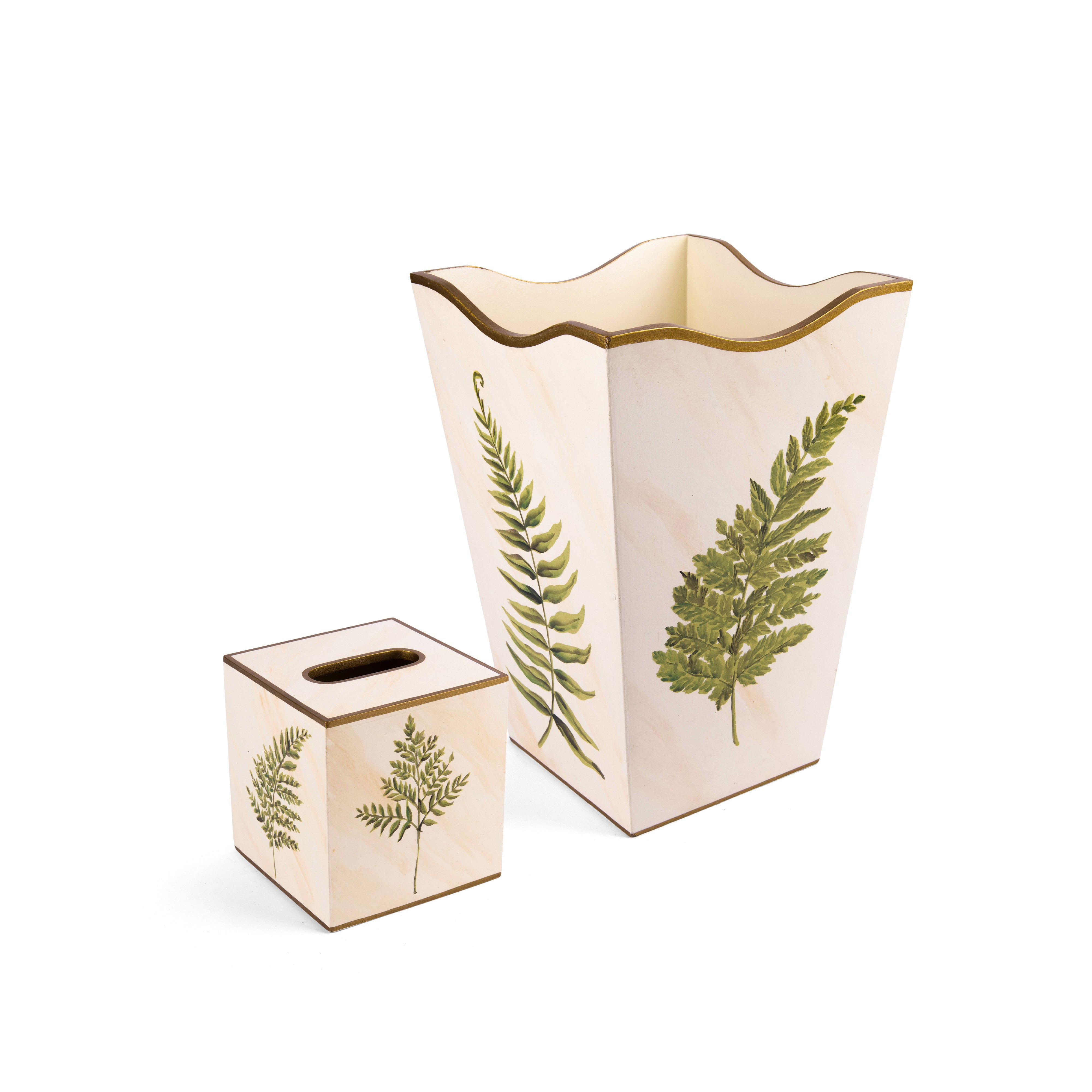 Allen G Designs. Set of Wastebasket & Tissue Box Featuring Green leaves