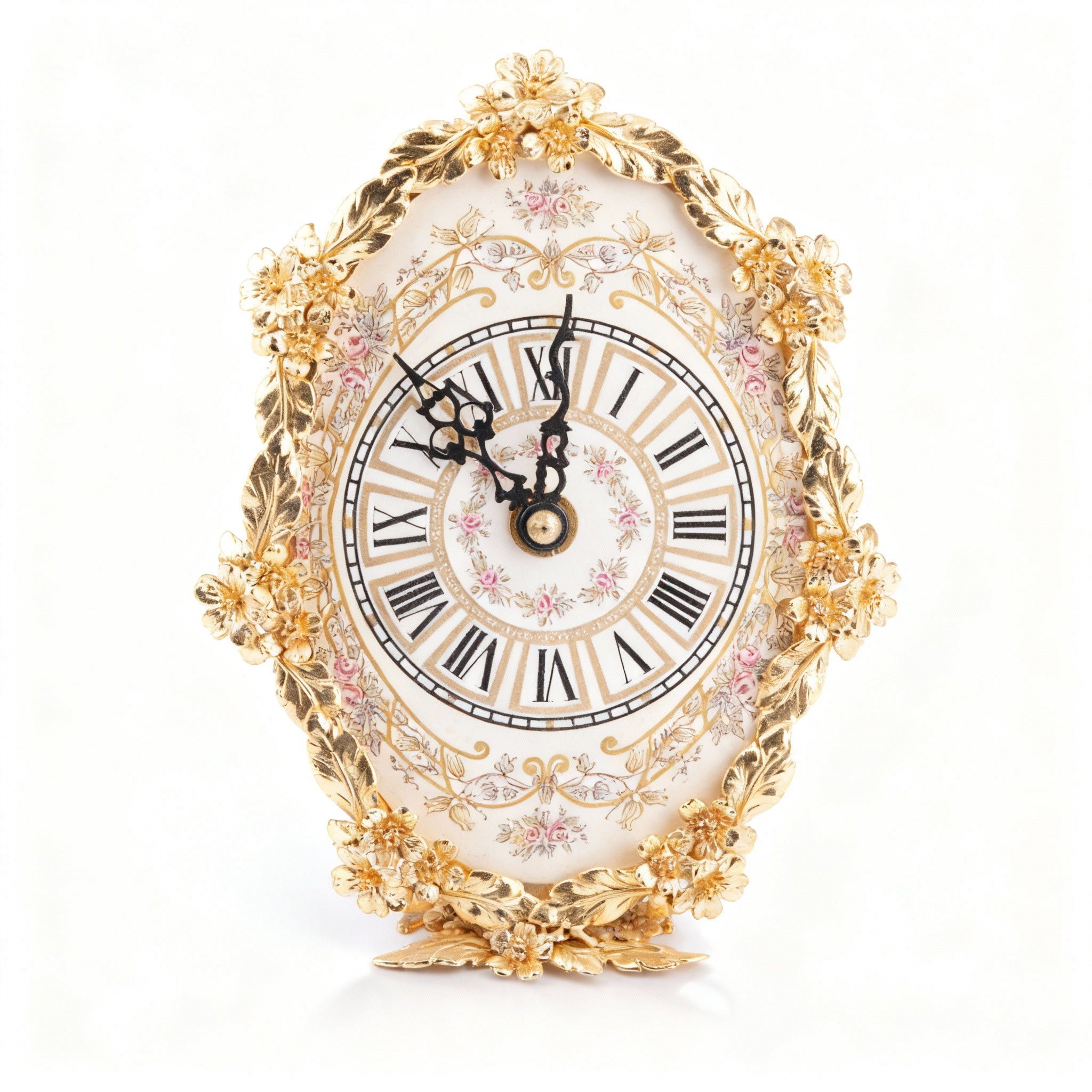 Artistiche Ceramiche Fiorentine. Gilded Oval Clock with Floral Motifs. Medium Size