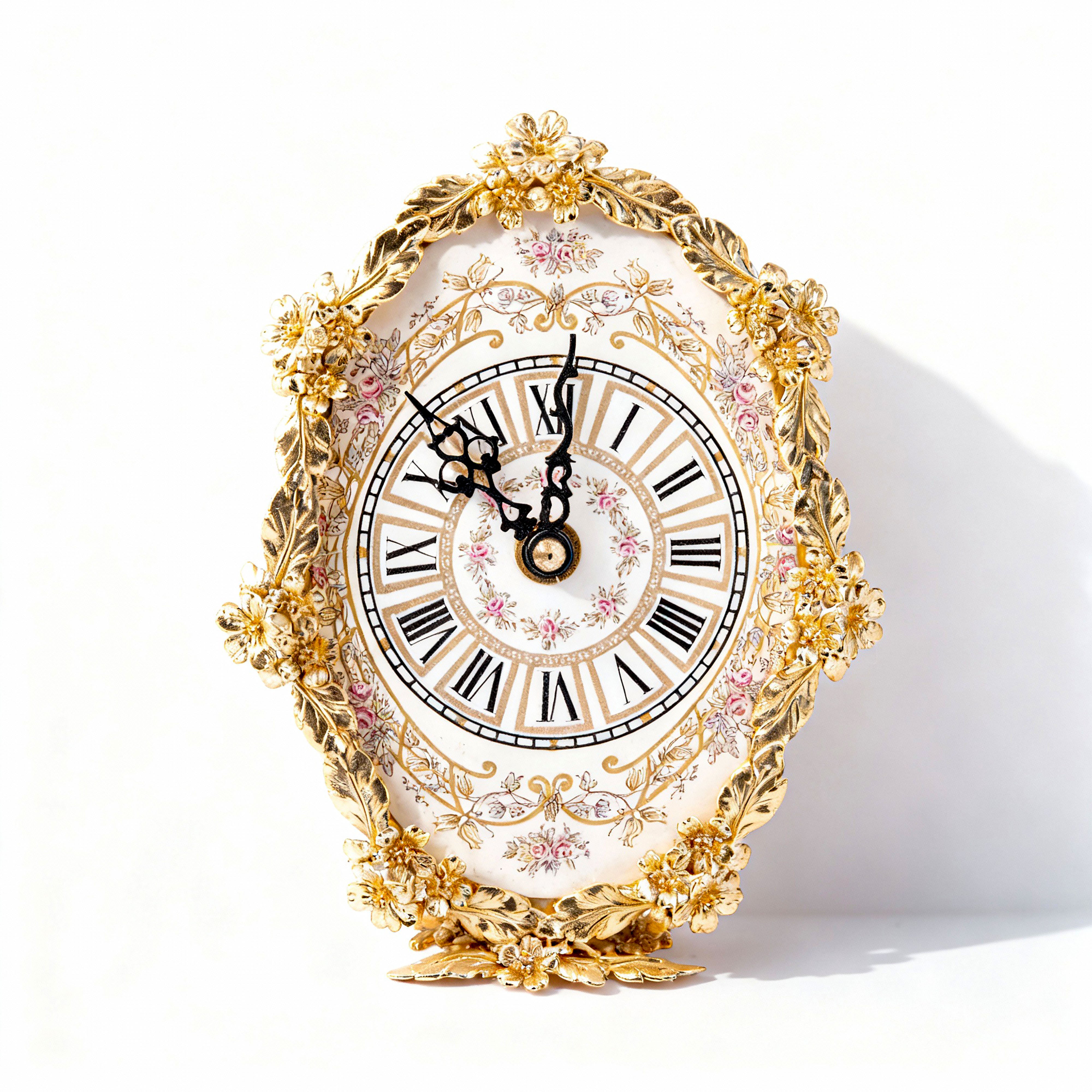 Artistiche Ceramiche Fiorentine. Gilded Oval Clock with Floral Motifs. Medium Size