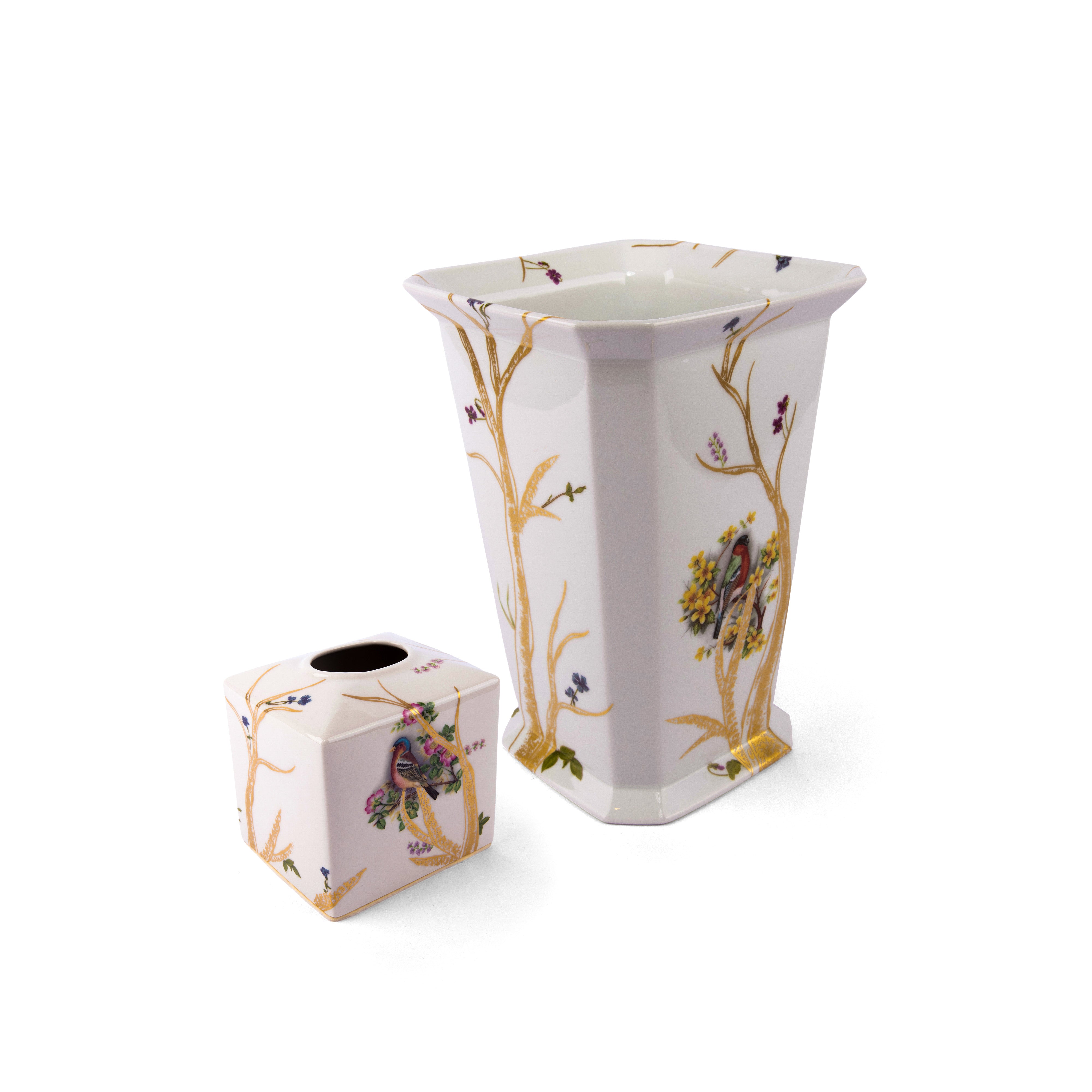 Mangani 1958. Set of Porcelain Tissue Box and Wastebasket Featuring A Bird