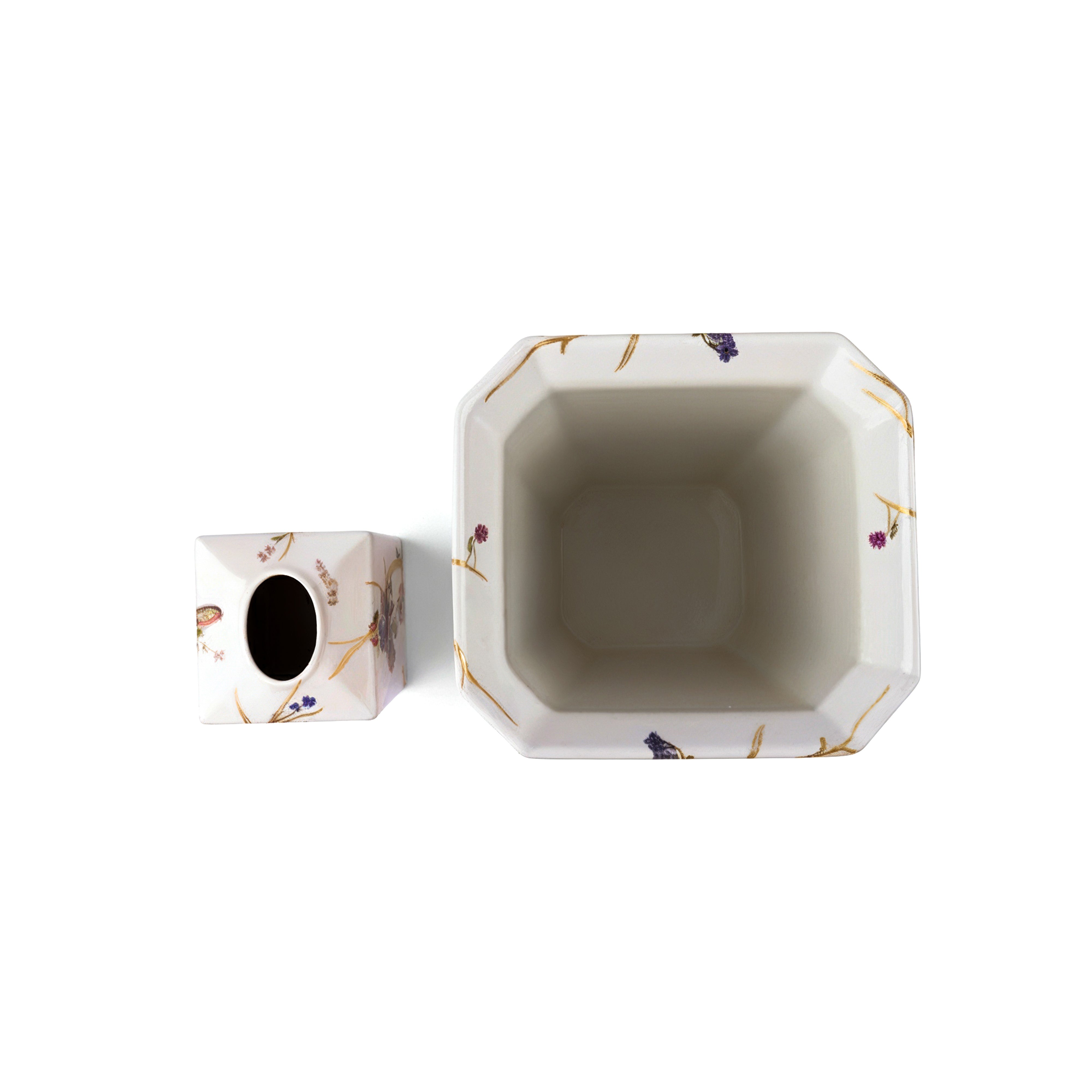 Mangani 1958. Set of Porcelain Tissue Box and Wastebasket Featuring A Bird
