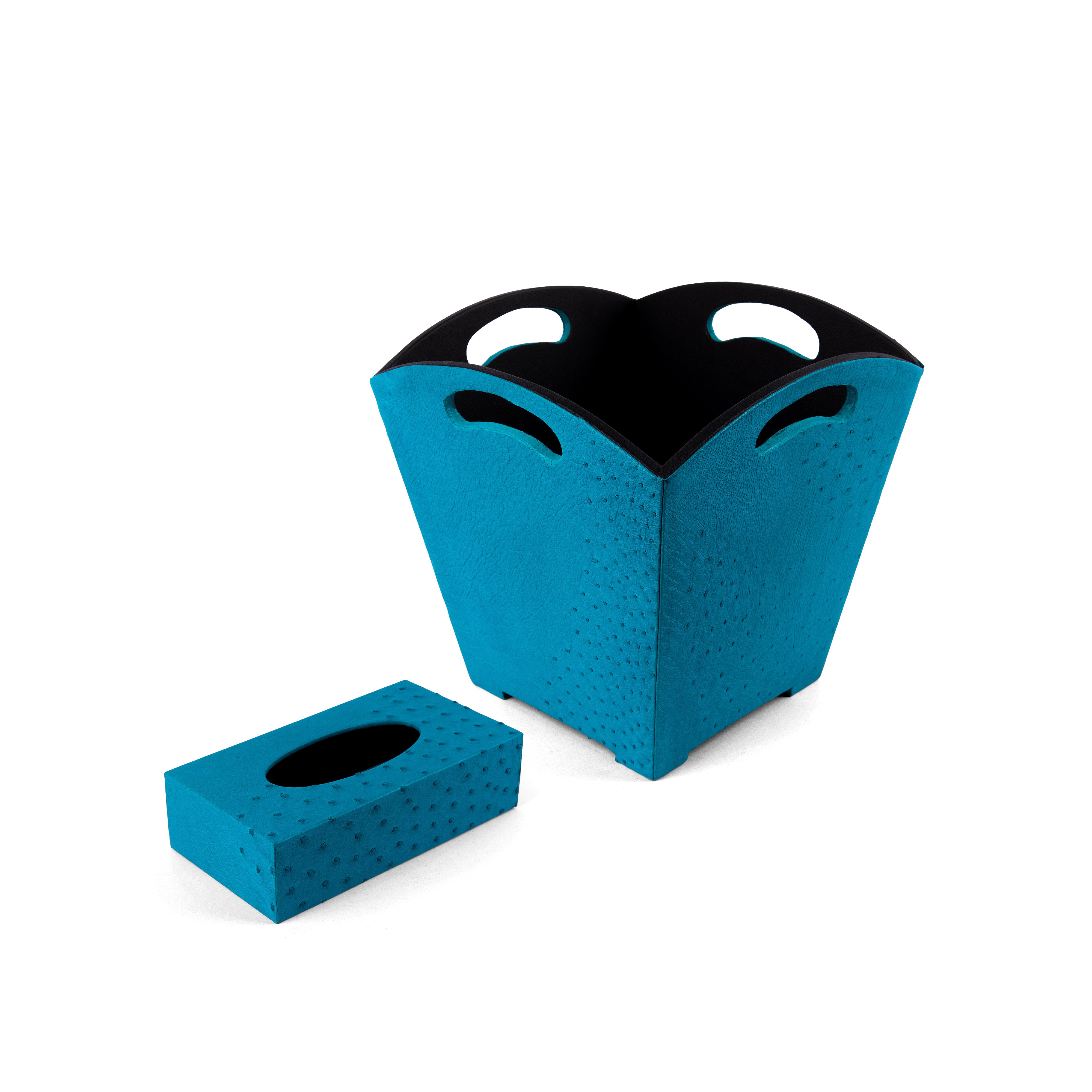 Kurgan Kenani Leather. A Set of Turquoise Blue Leather and Wood Tissue Box & Wastebasket.