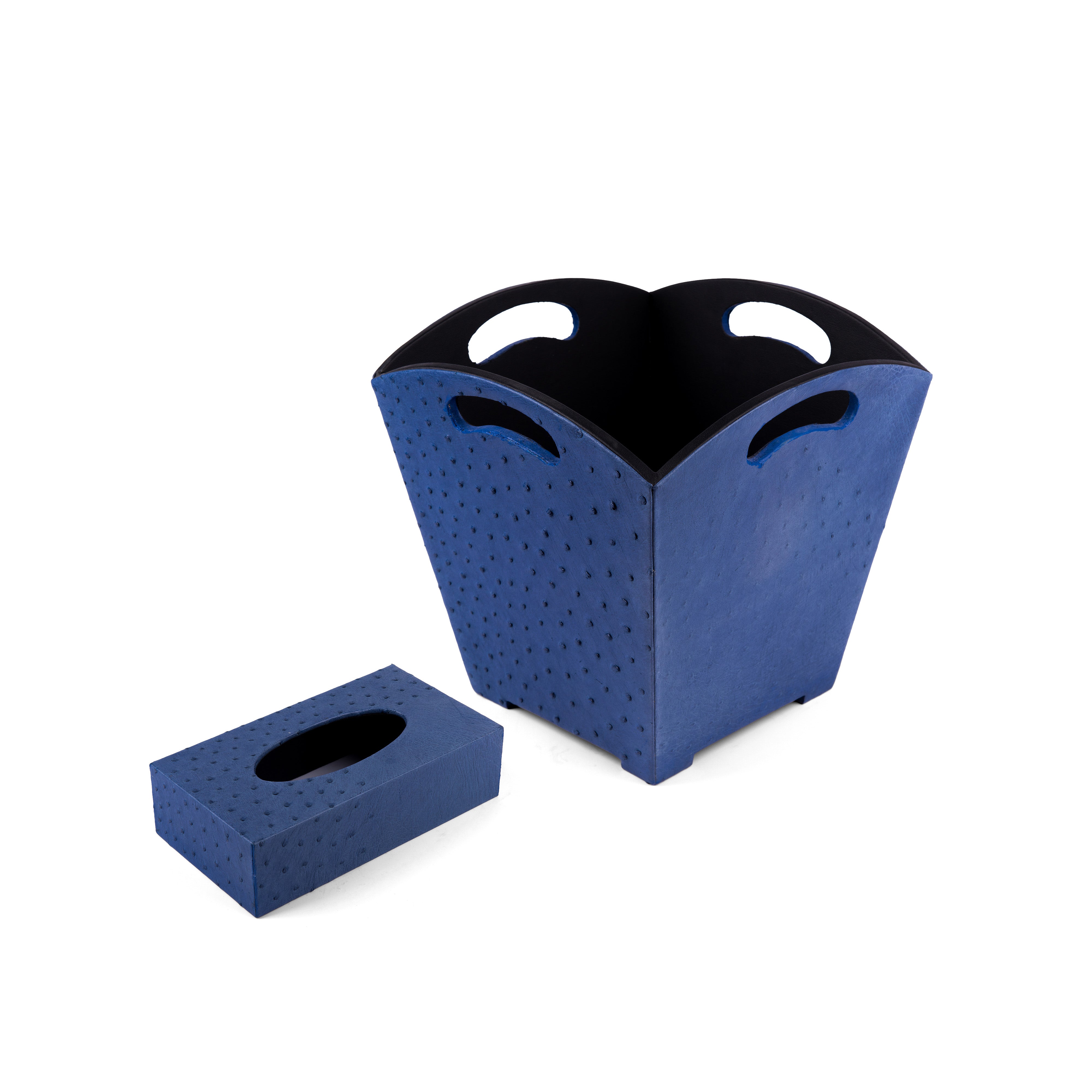 Kurgan Kenani Leather. A Set of Blue Dotted Leather Tissue Box & Wastebasket