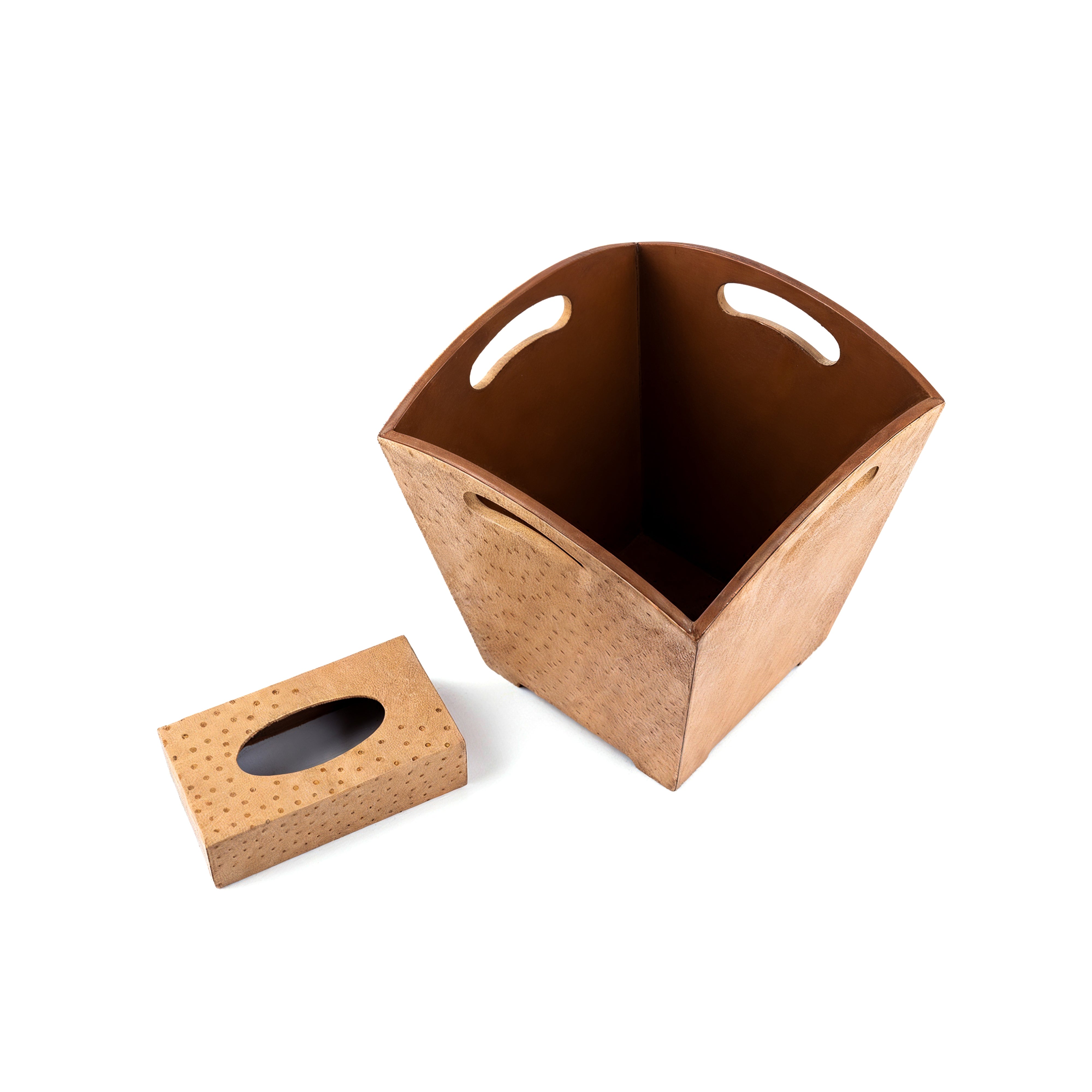 Kurgan Kenani Leather. A Set of Camel Brown Dotted Leather Tissue Box & Wastebasket