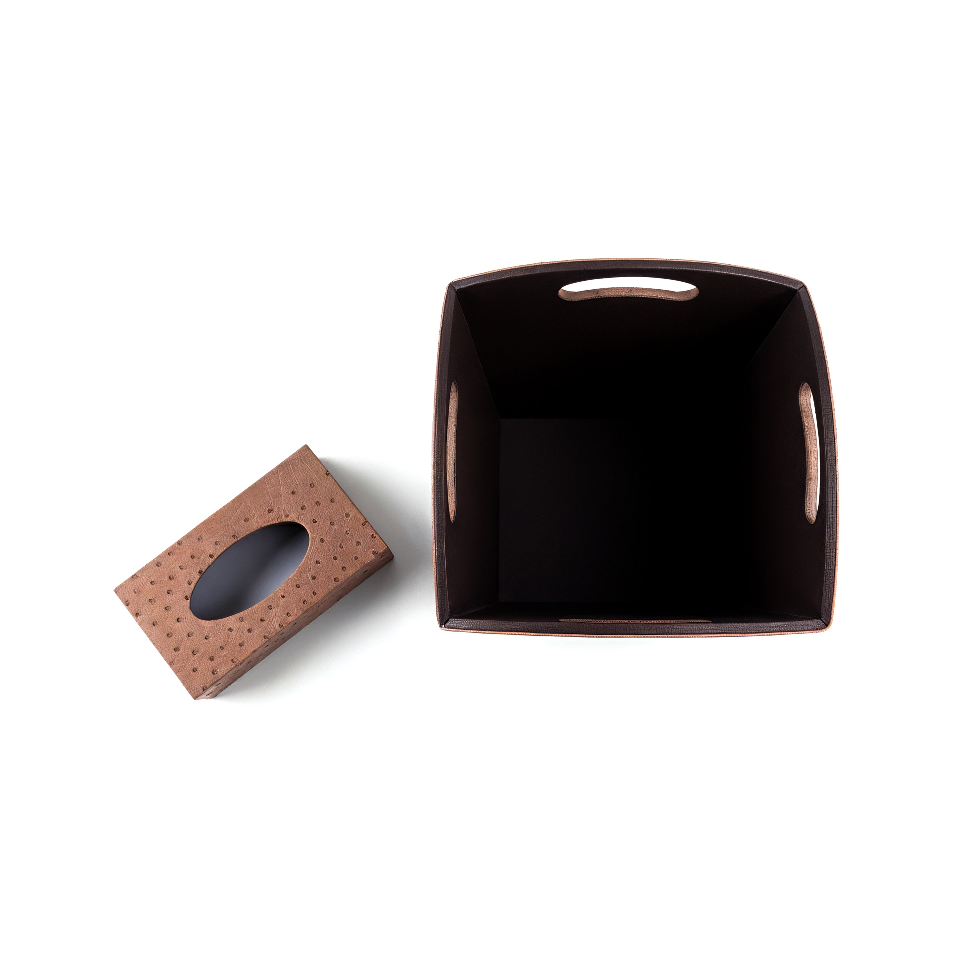 Kurgan Kenani Leather. A Set of Cappuccino Brown Dotted Leather Tissue Box & Wastebasket