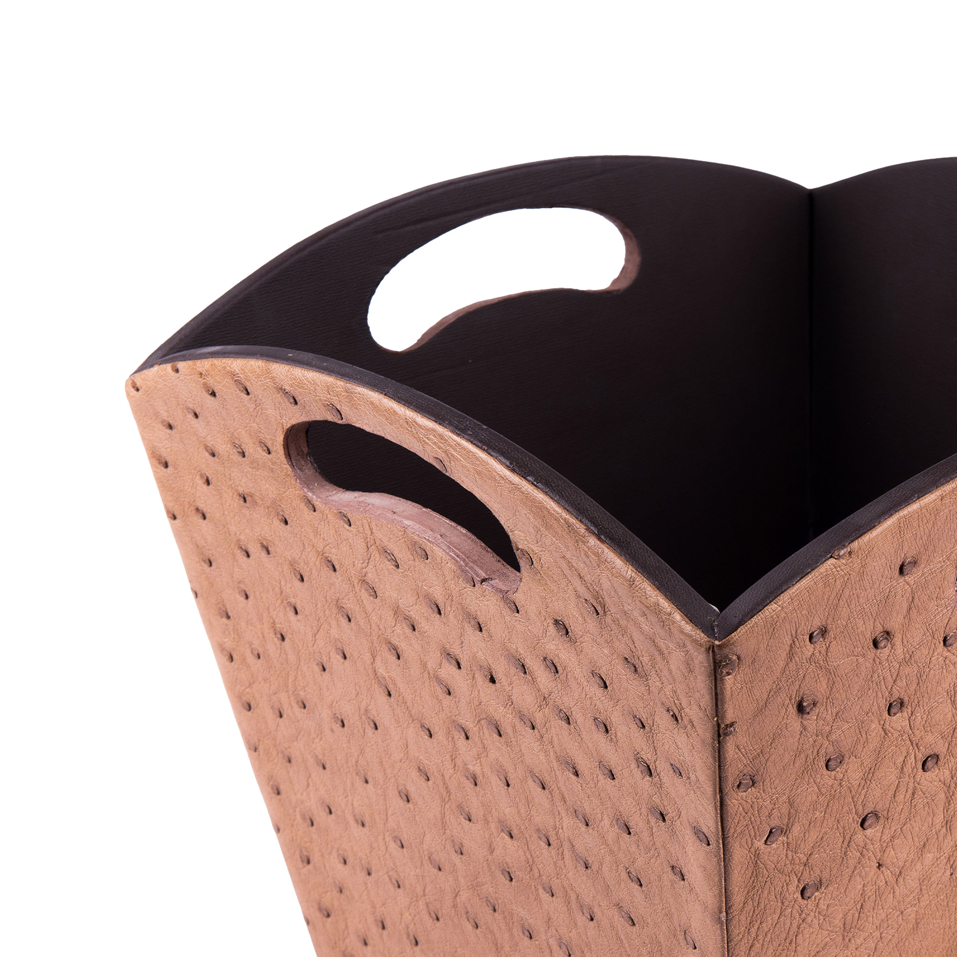 Kurgan Kenani Leather. A Set of Cappuccino Brown Dotted Leather Tissue Box & Wastebasket