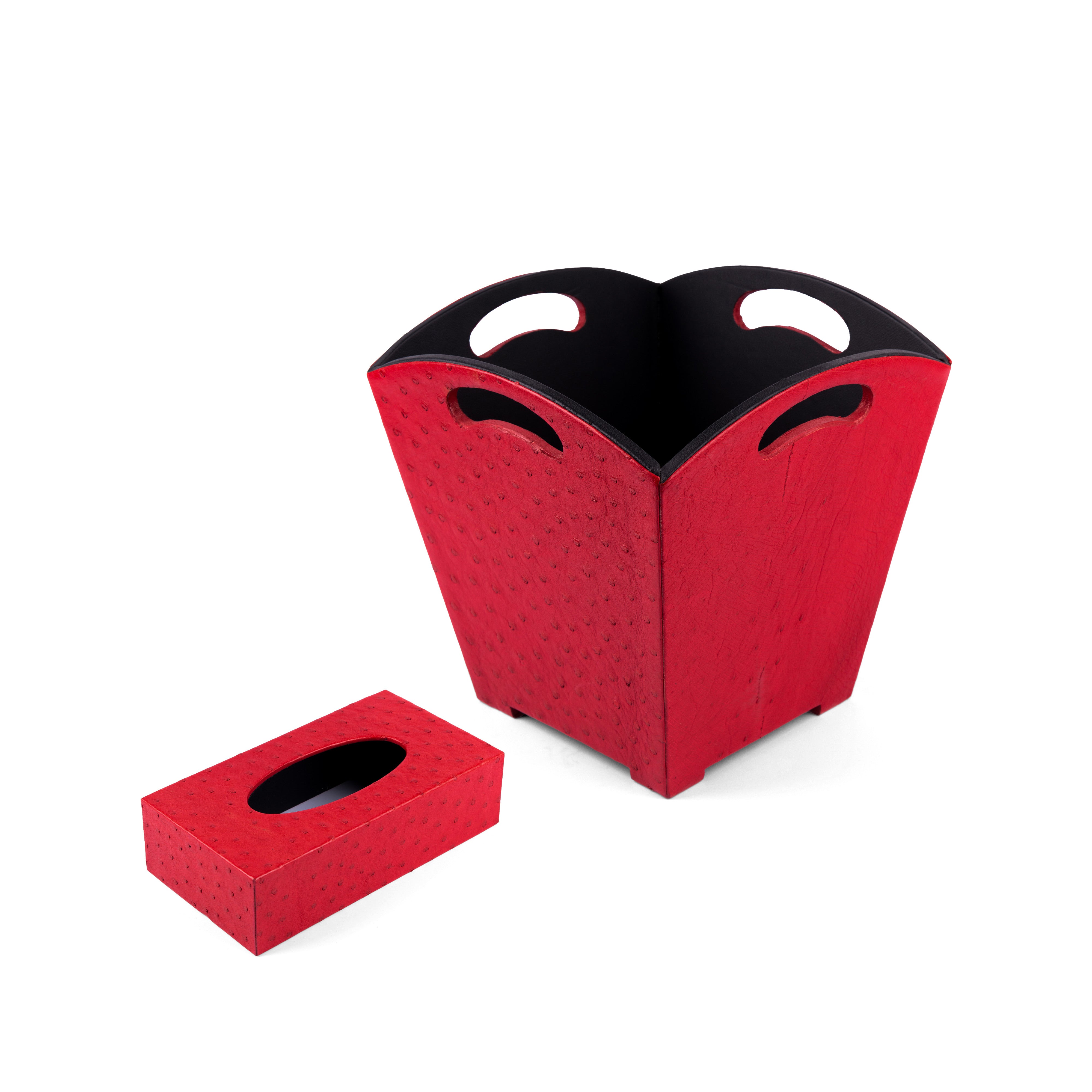 Kurgan Kenani Leather. A Set of Red Leather and Wood Tissue Box & Wastebasket.