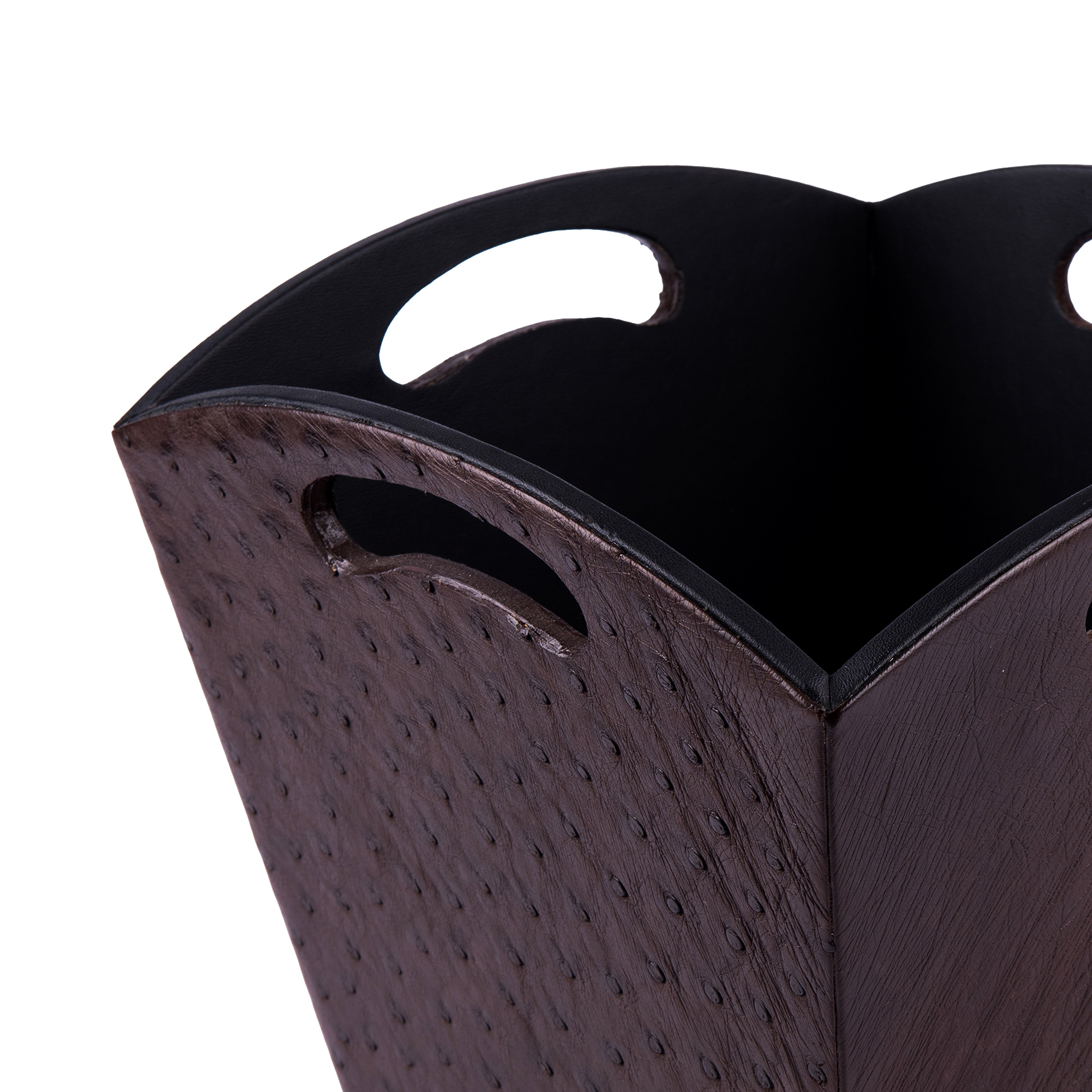 Kurgan Kenani Leather. A Set of Dark Brown Dotted Leather Tissue Box & Wastebasket