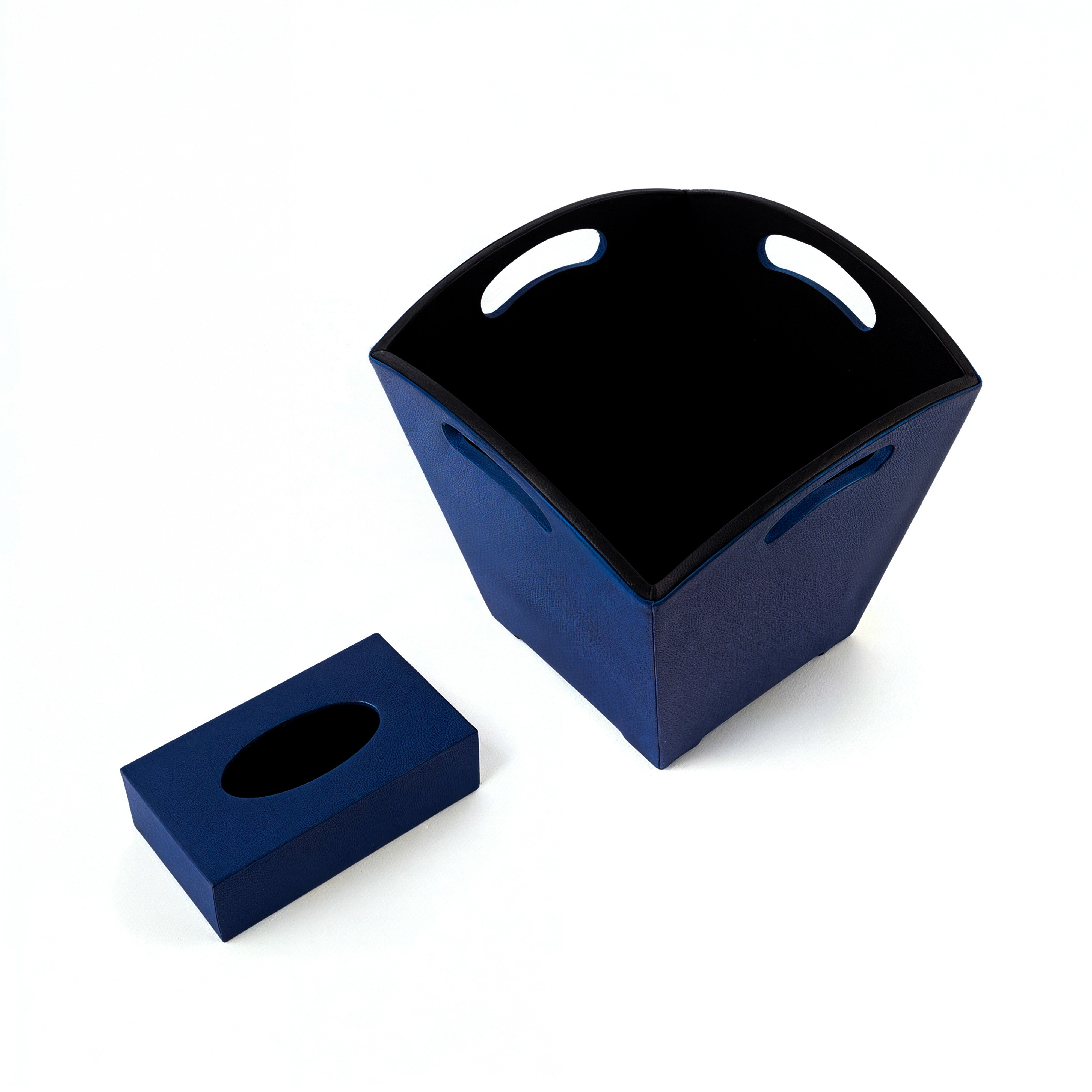 Kurgan Kenani Leather. A Set of Blue Leather Tissue Box & Waste Basket