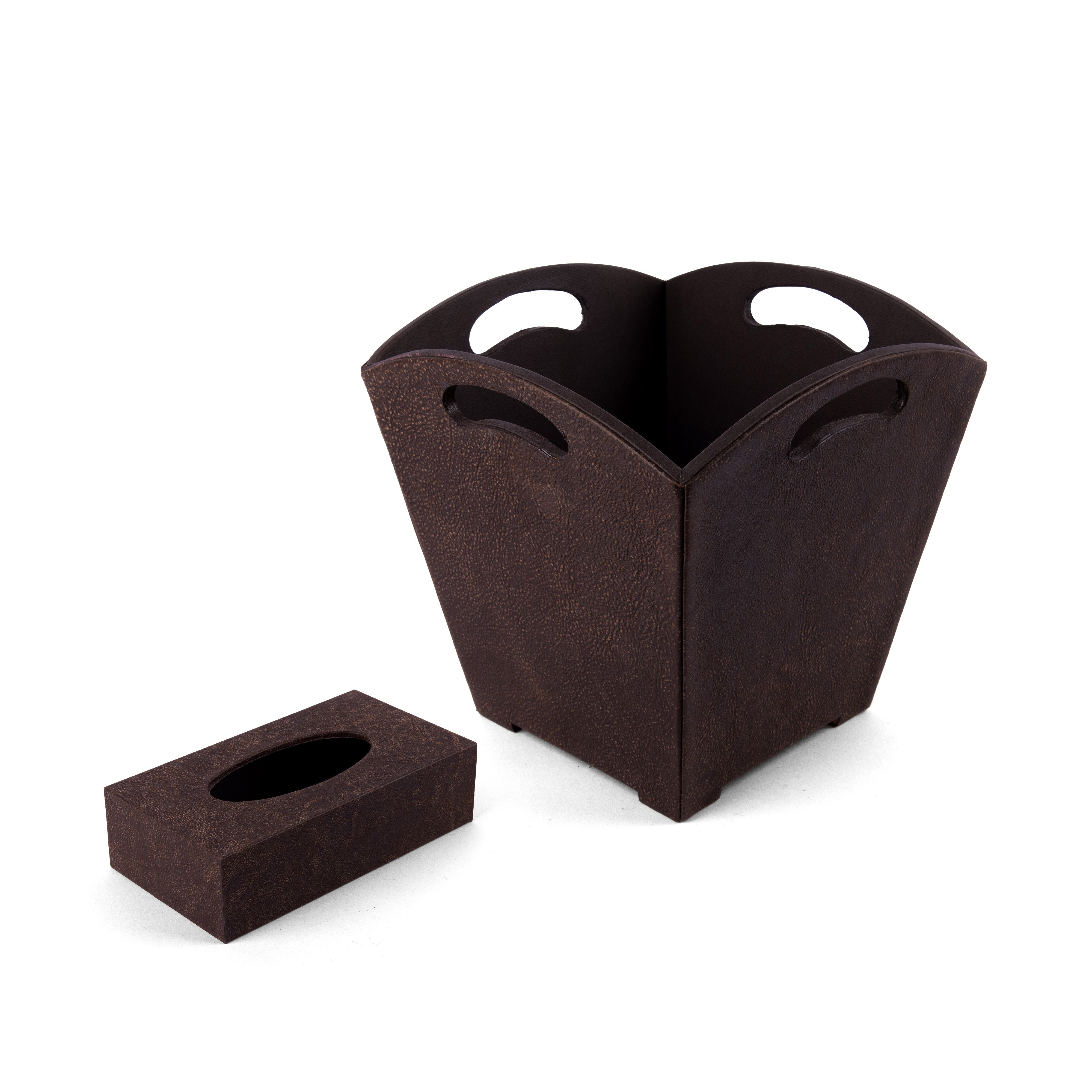 Kurgan Kenani Leather. A Set of Brown Leather and Wood Tissue Box & Waste Basket.