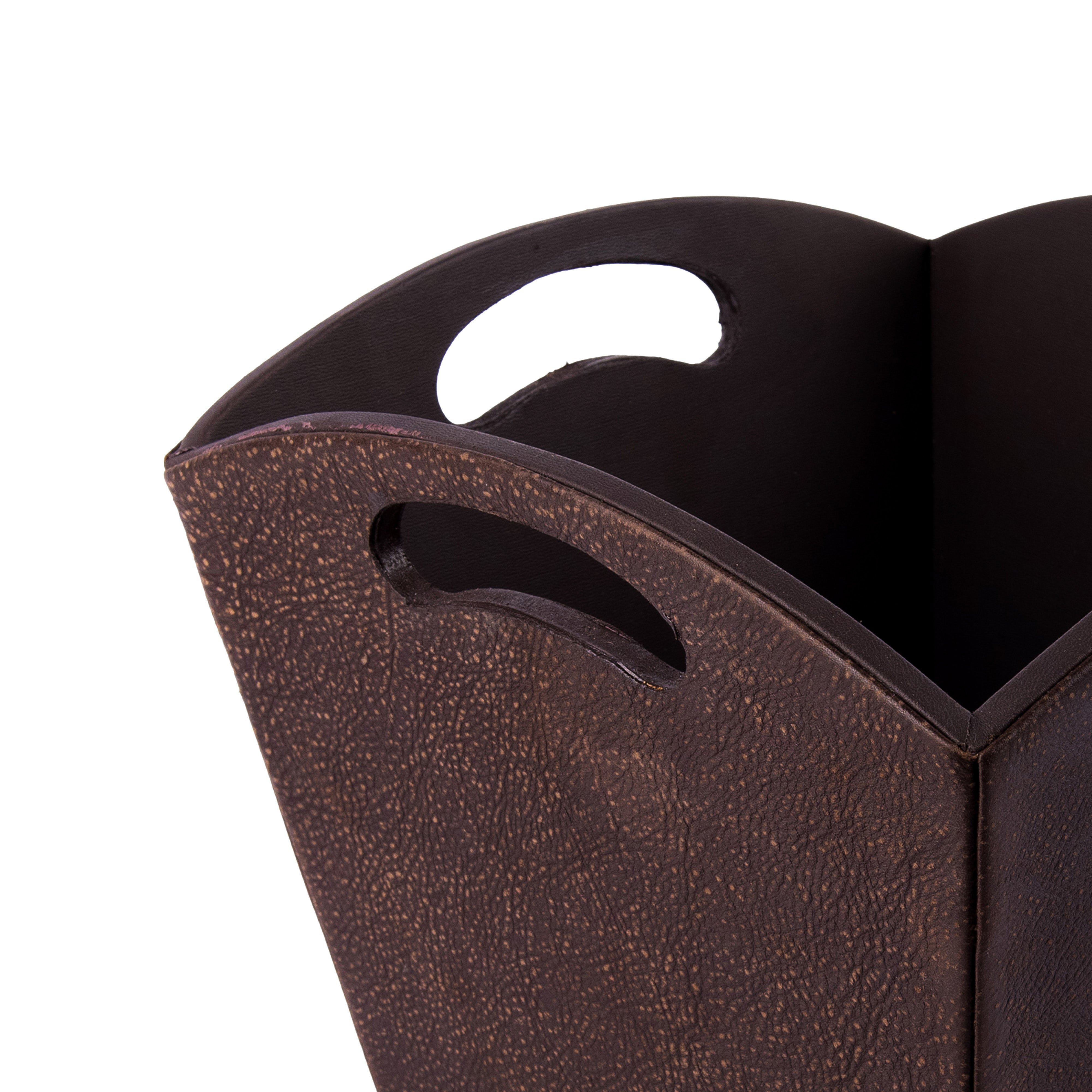 Kurgan Kenani Leather. A Set of Brown Leather and Wood Tissue Box & Waste Basket.