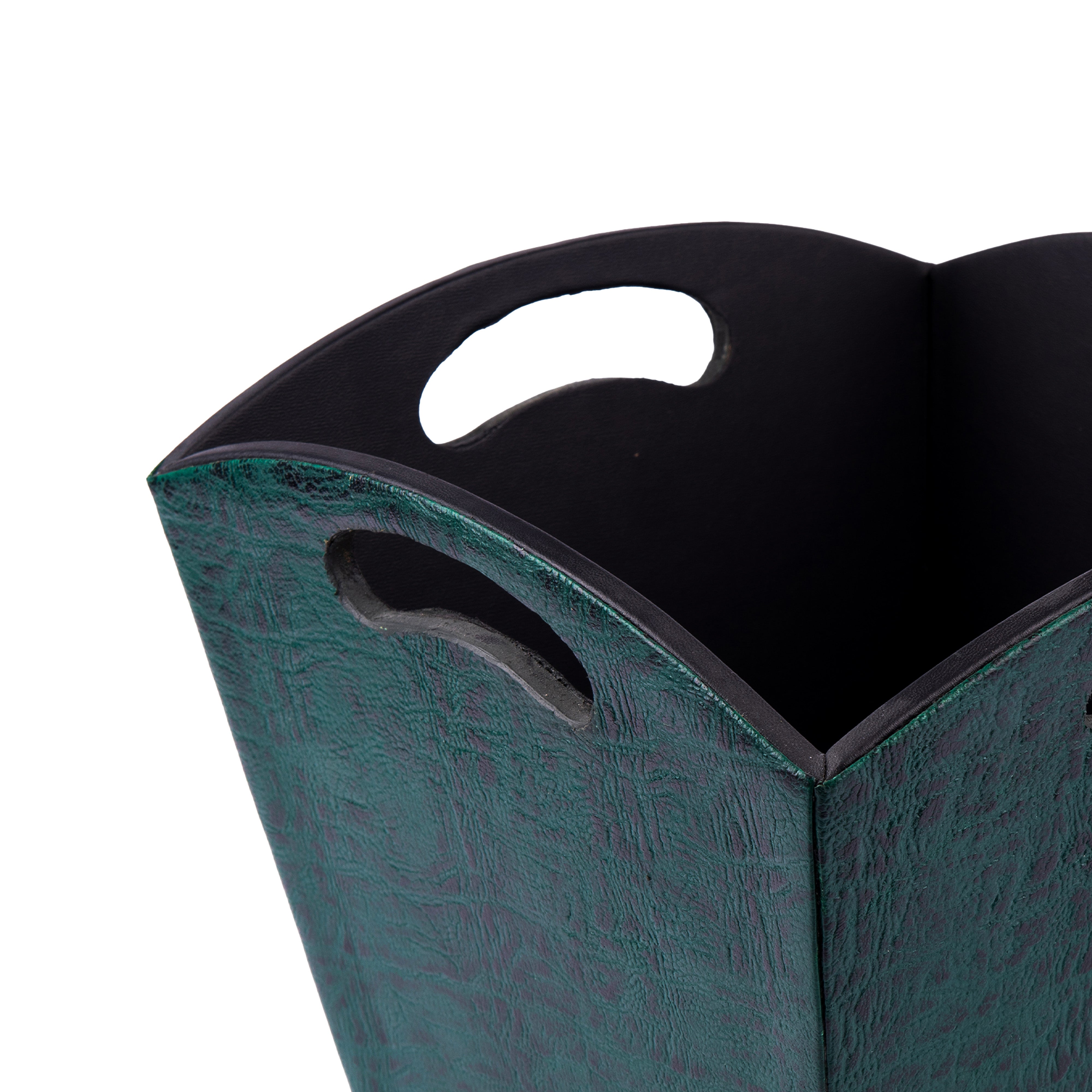 Kurgan Kenani Leather. A Set of Dark Green Leather and Wood Tissue Box & Waste Basket.