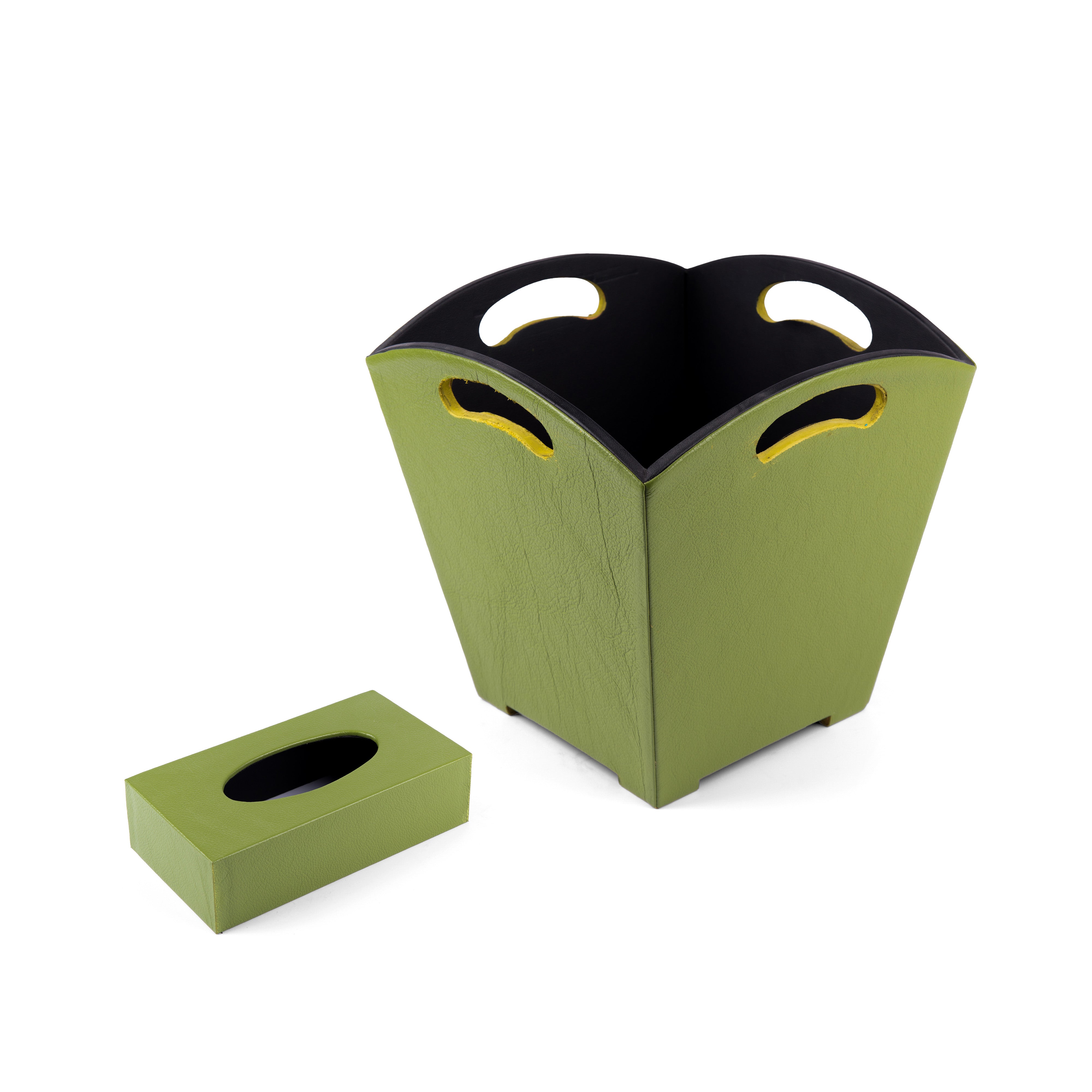Kurgan Kenani Leather. A Set of Green Leather and Wood Tissue Box & Waste Basket.