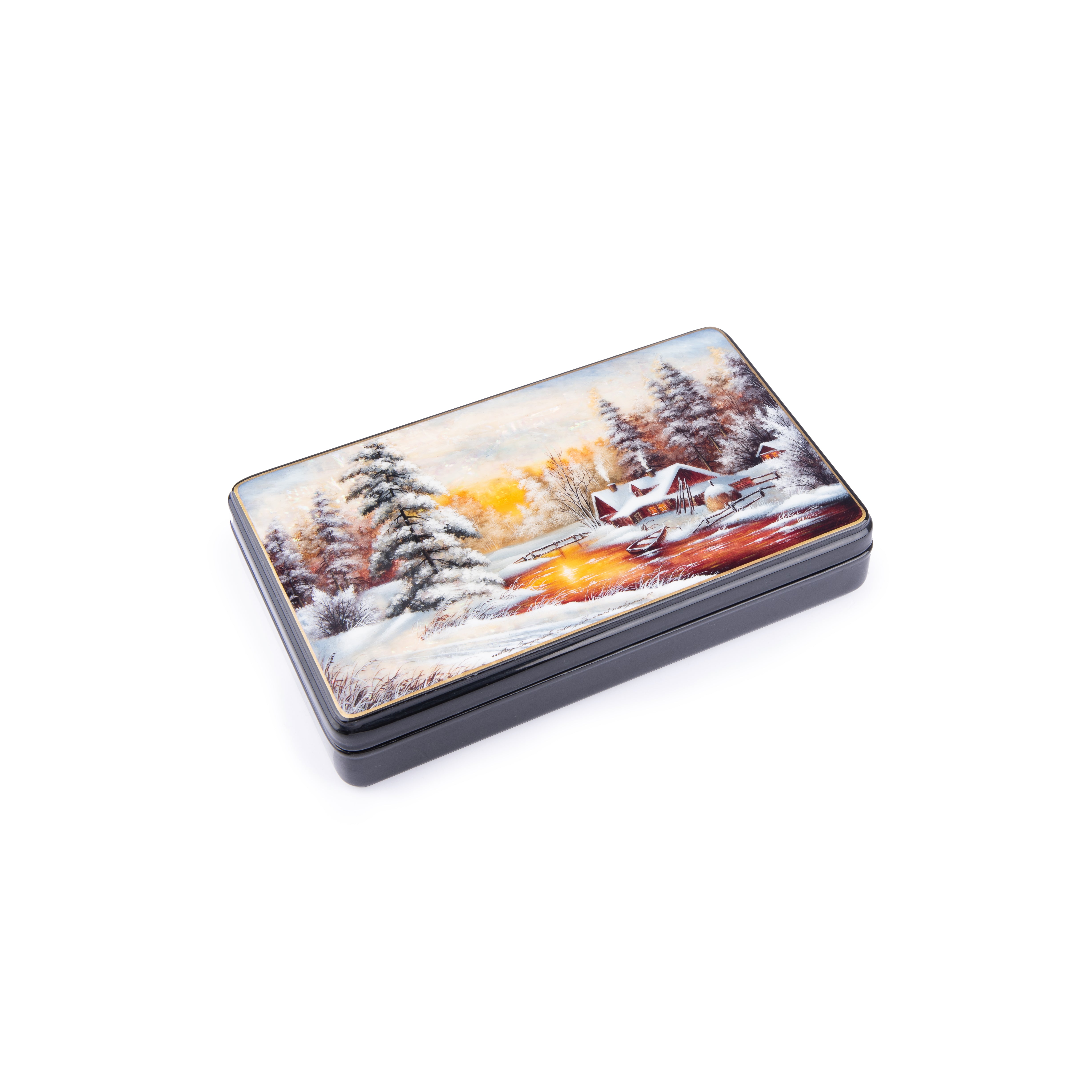 Skazka. Hand Painted Jewellery Box Showcasing Winter in Russia. Medium Size