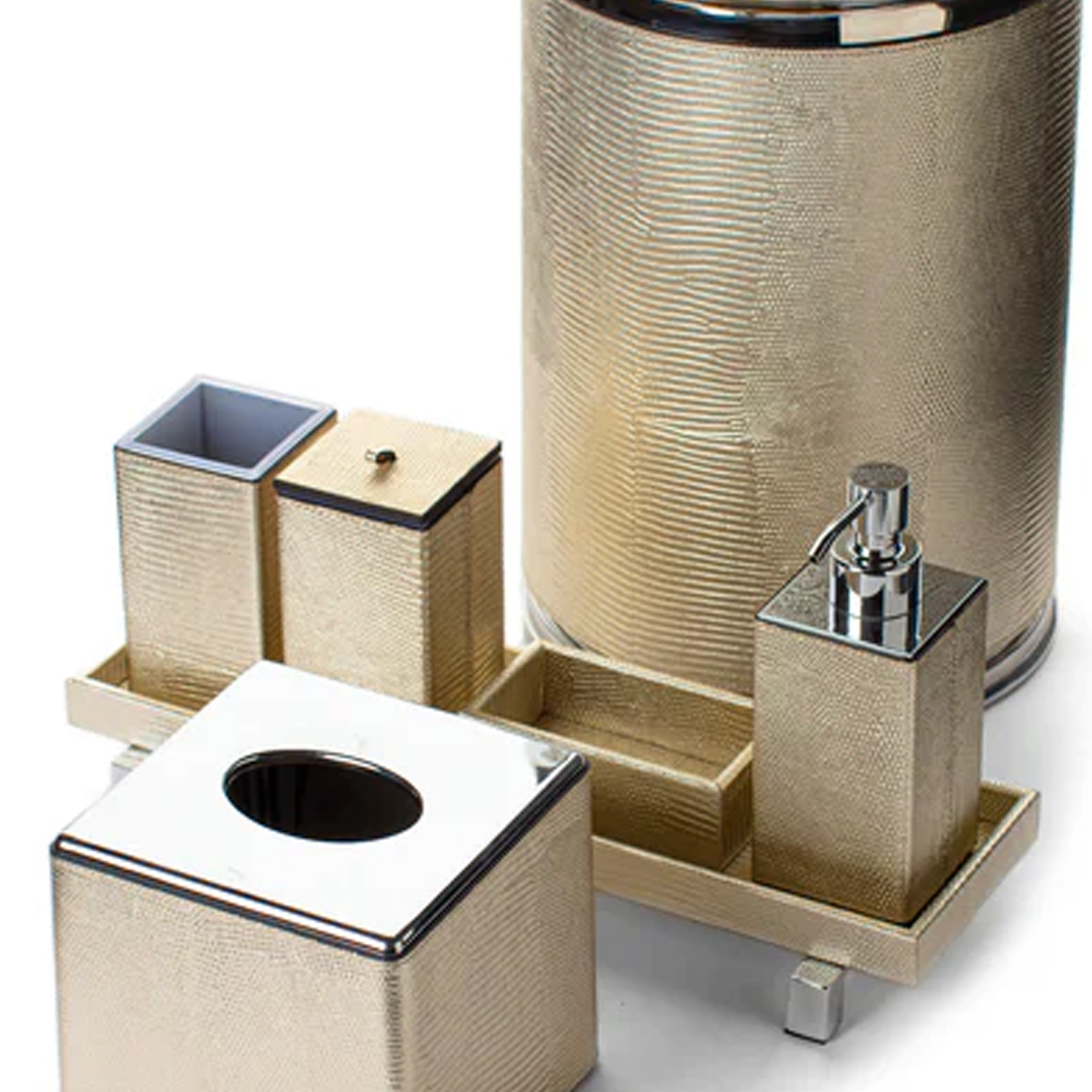 Pinetti. A Set of Grained Gold Leather Waste Basket & Square Tissue Box