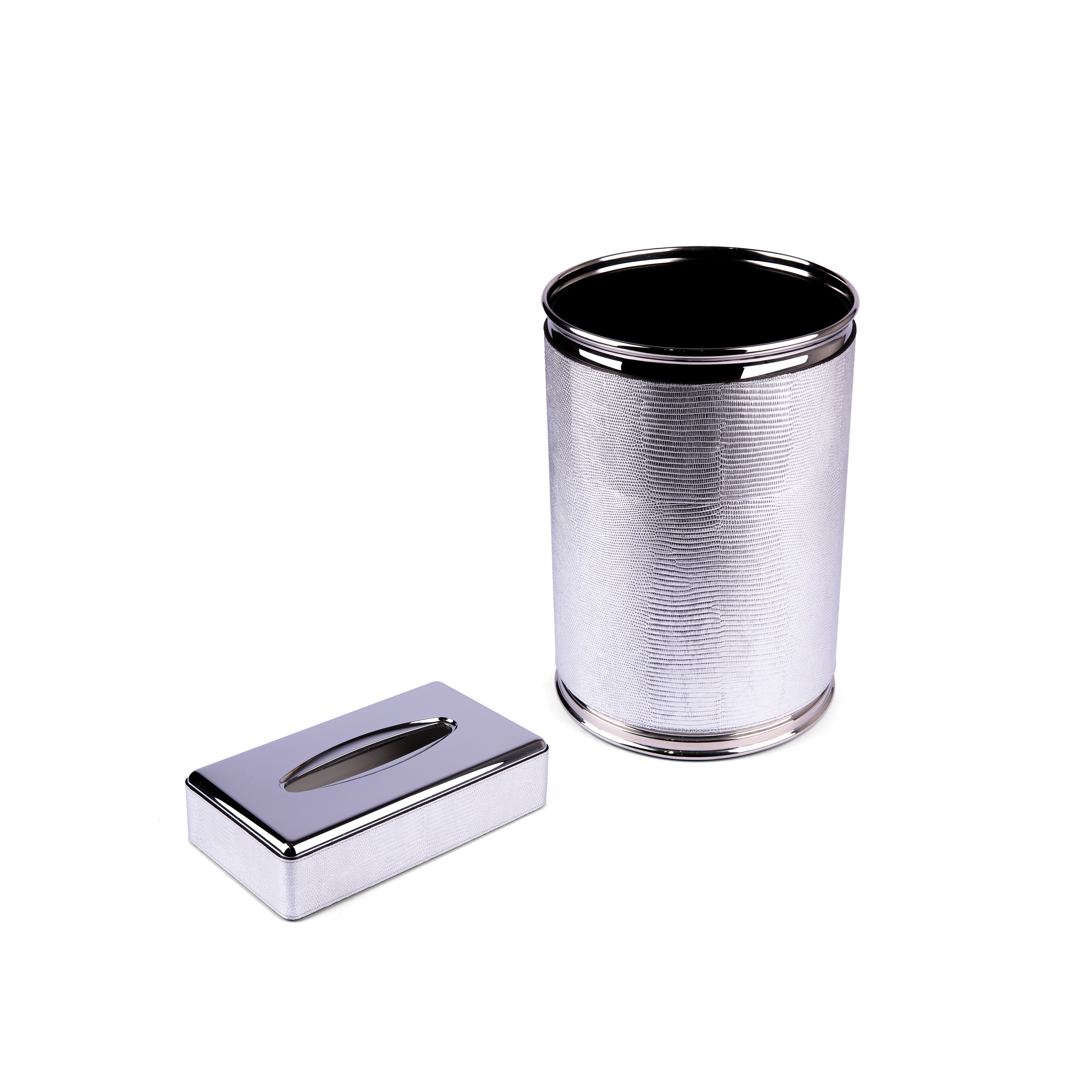 Pinetti. A Set of Grained Silver Leather Waste Basket & Rectangular Tissue Box