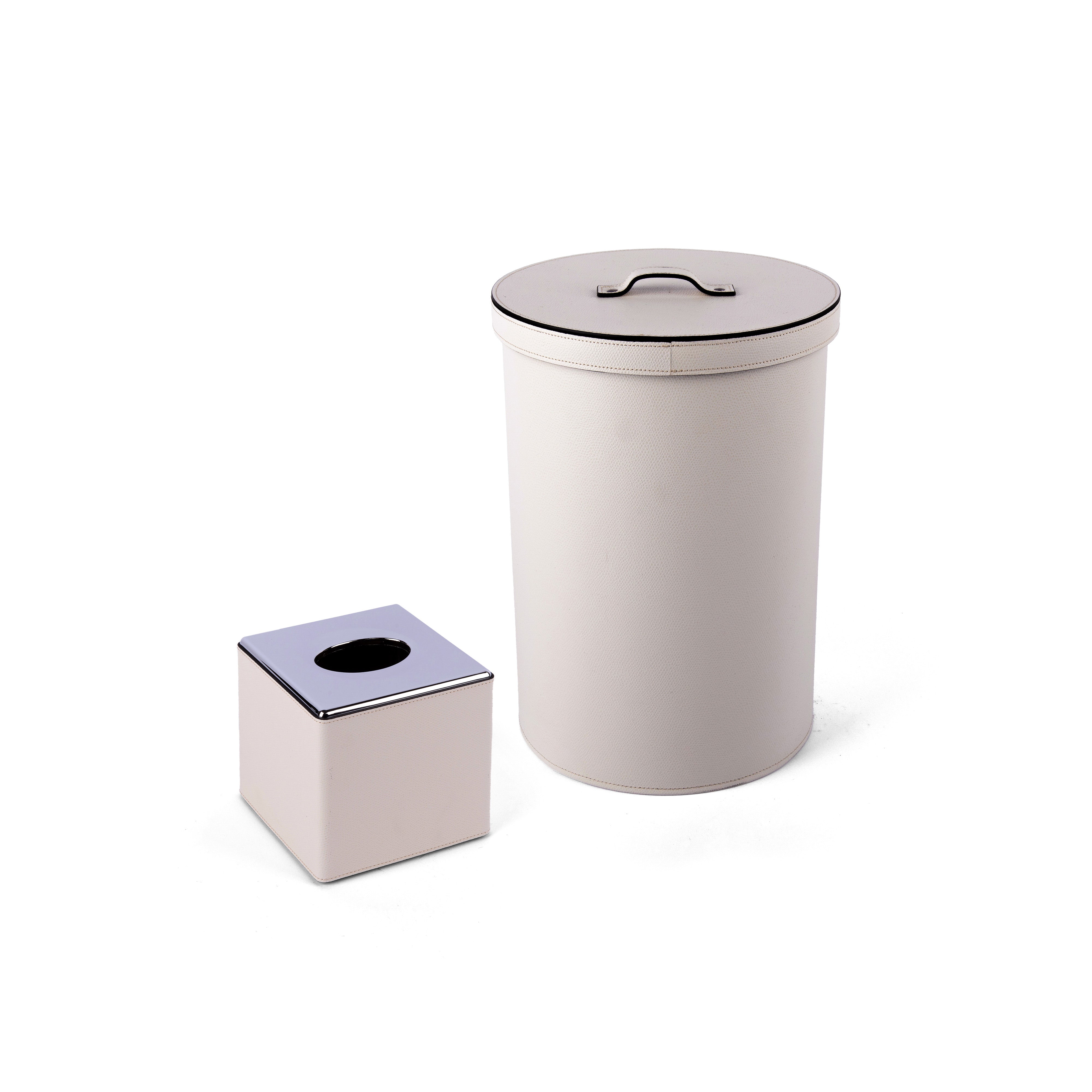Pinetti. A Set of leather Tissue Box & Round Wastebasket with Lid